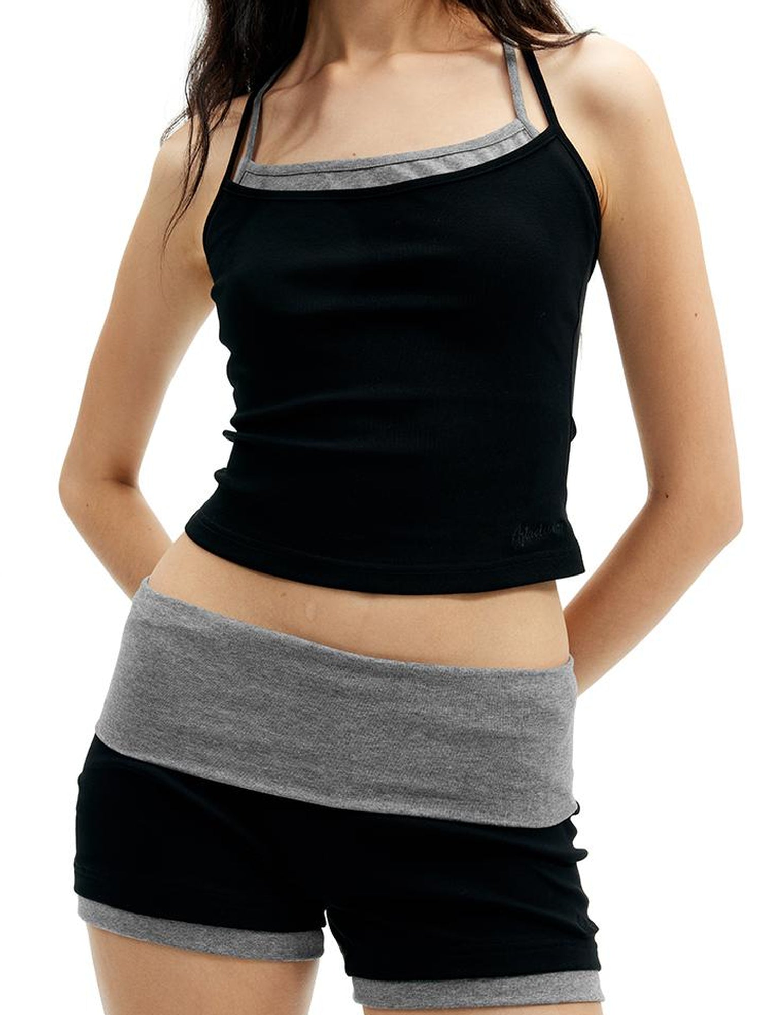 AFTADAWN Cotton Feel Knitted Back Cami Contrast Waistband Shorts Set