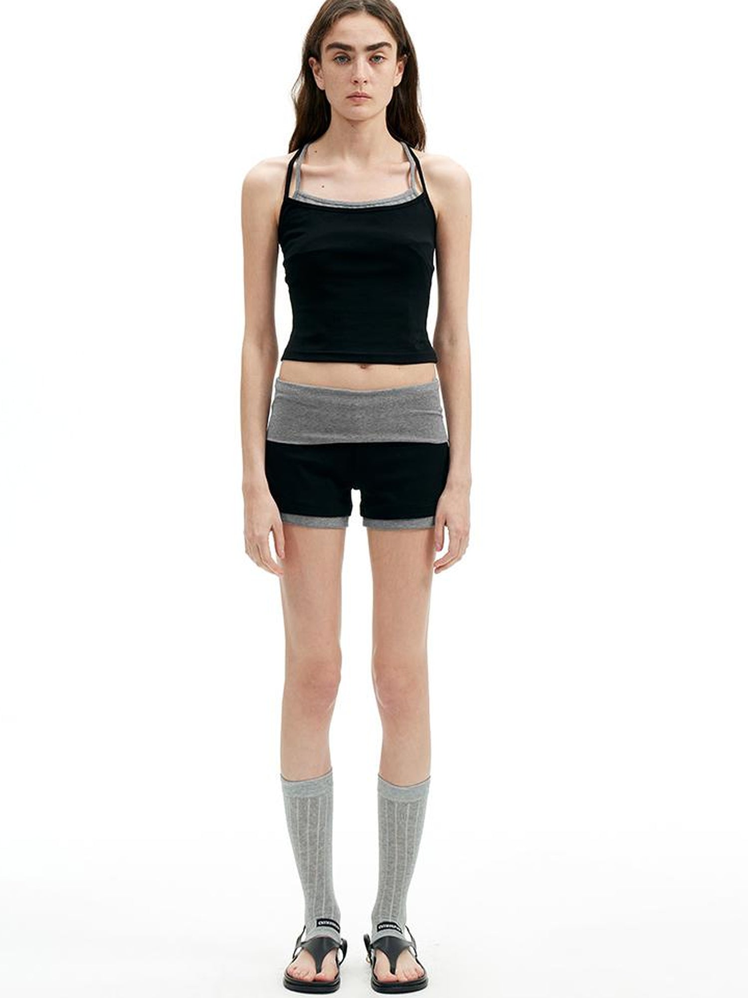 AFTADAWN Cotton Feel Knitted Back Cami Contrast Waistband Shorts Set