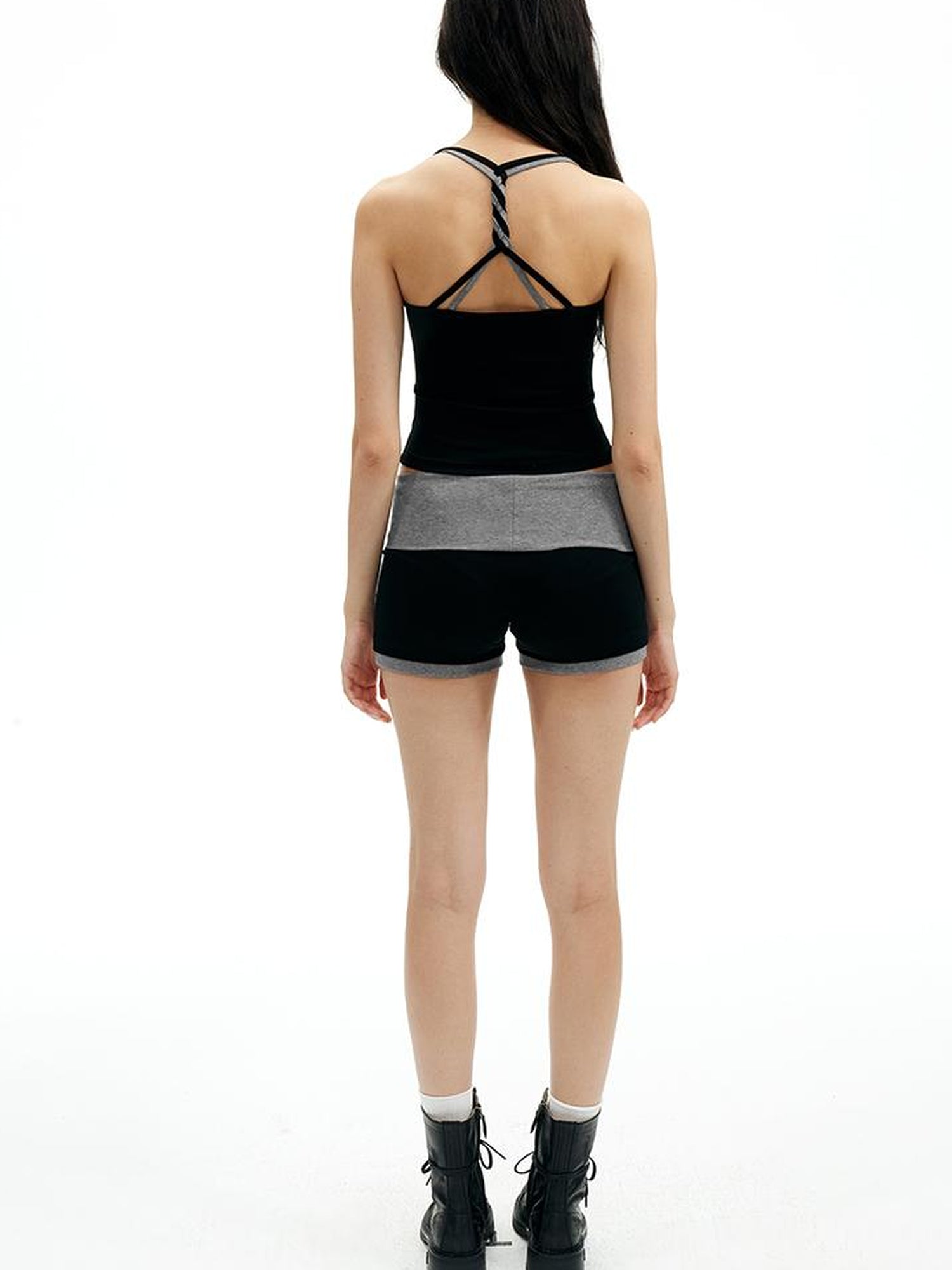 AFTADAWN Cotton Feel Knitted Back Cami Contrast Waistband Shorts Set