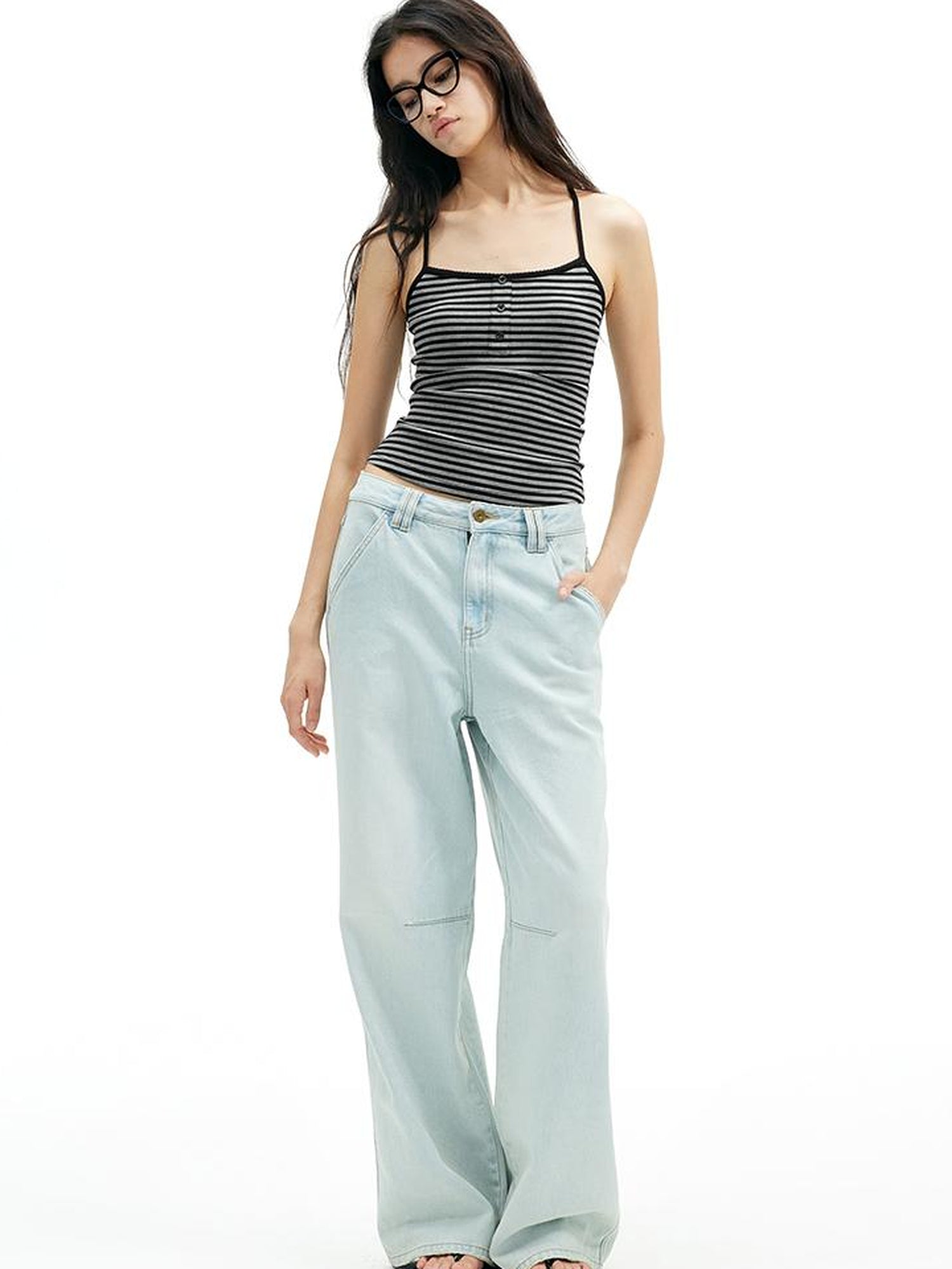 AFTADAWN Cr 1995 Light Blue Washed Wide Leg Trousers With Draped Pleats