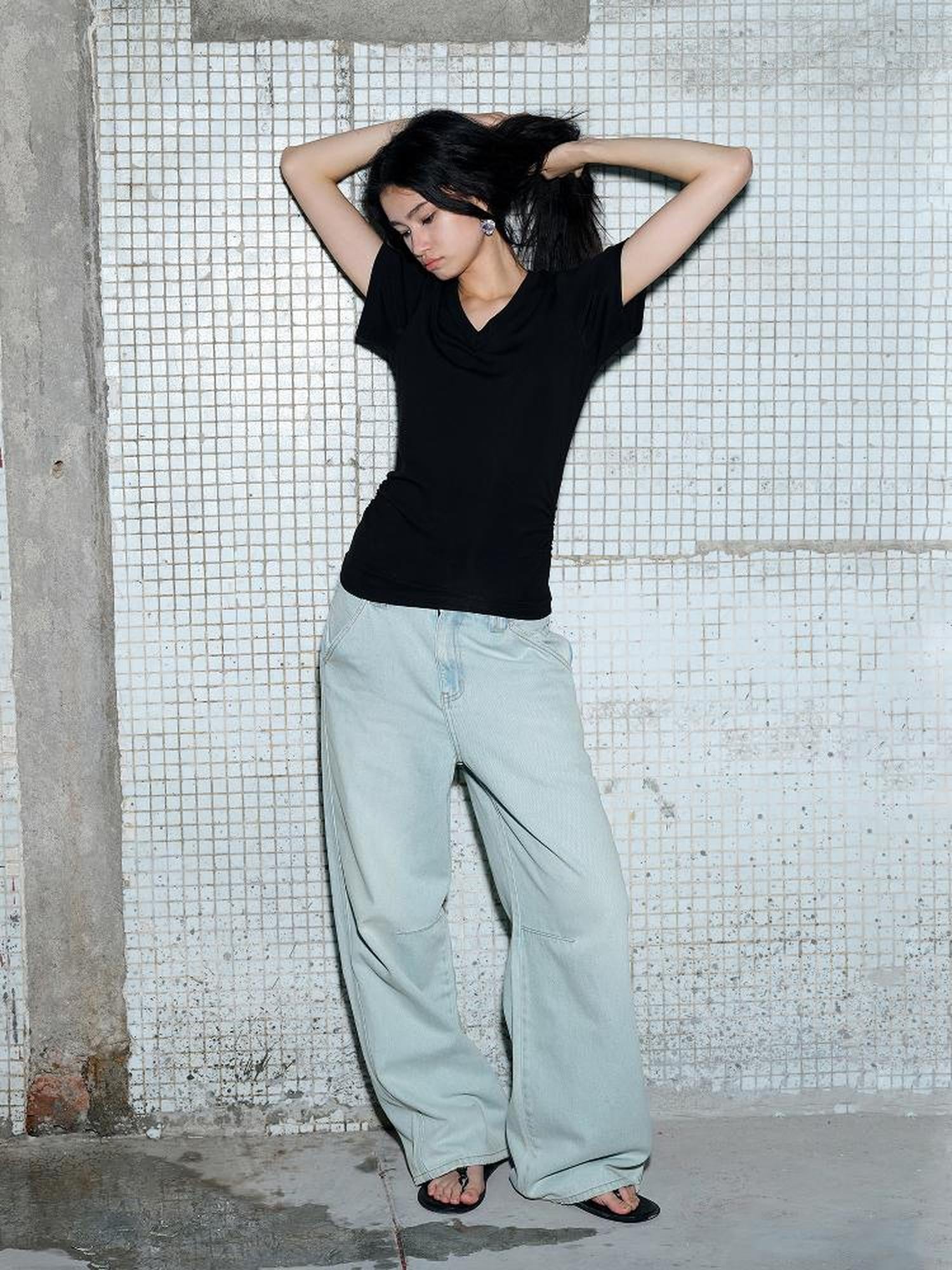 AFTADAWN Cr 1995 Light Blue Washed Wide Leg Trousers With Draped Pleats