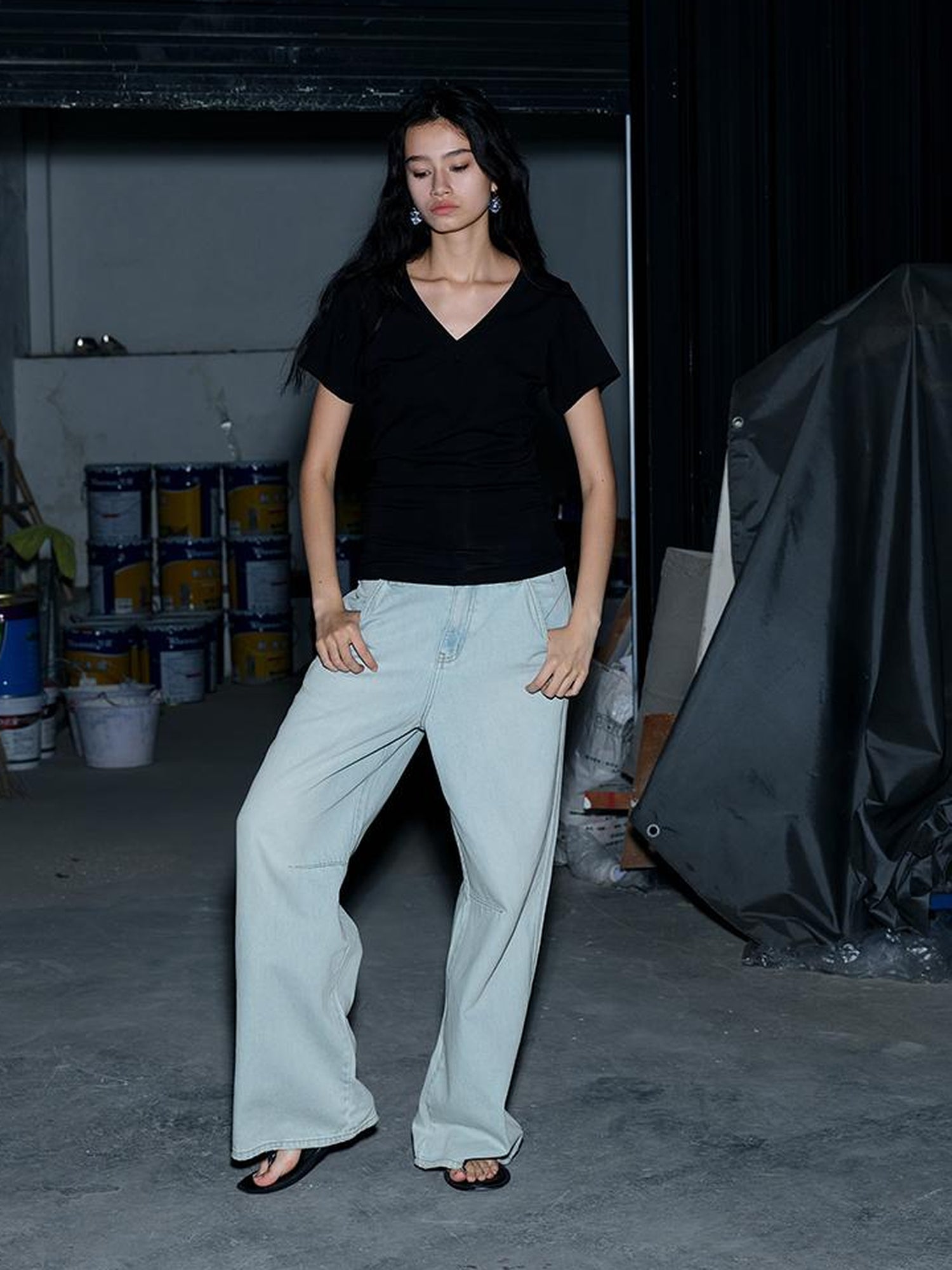 AFTADAWN Cr 1995 Light Blue Washed Wide Leg Trousers With Draped Pleats