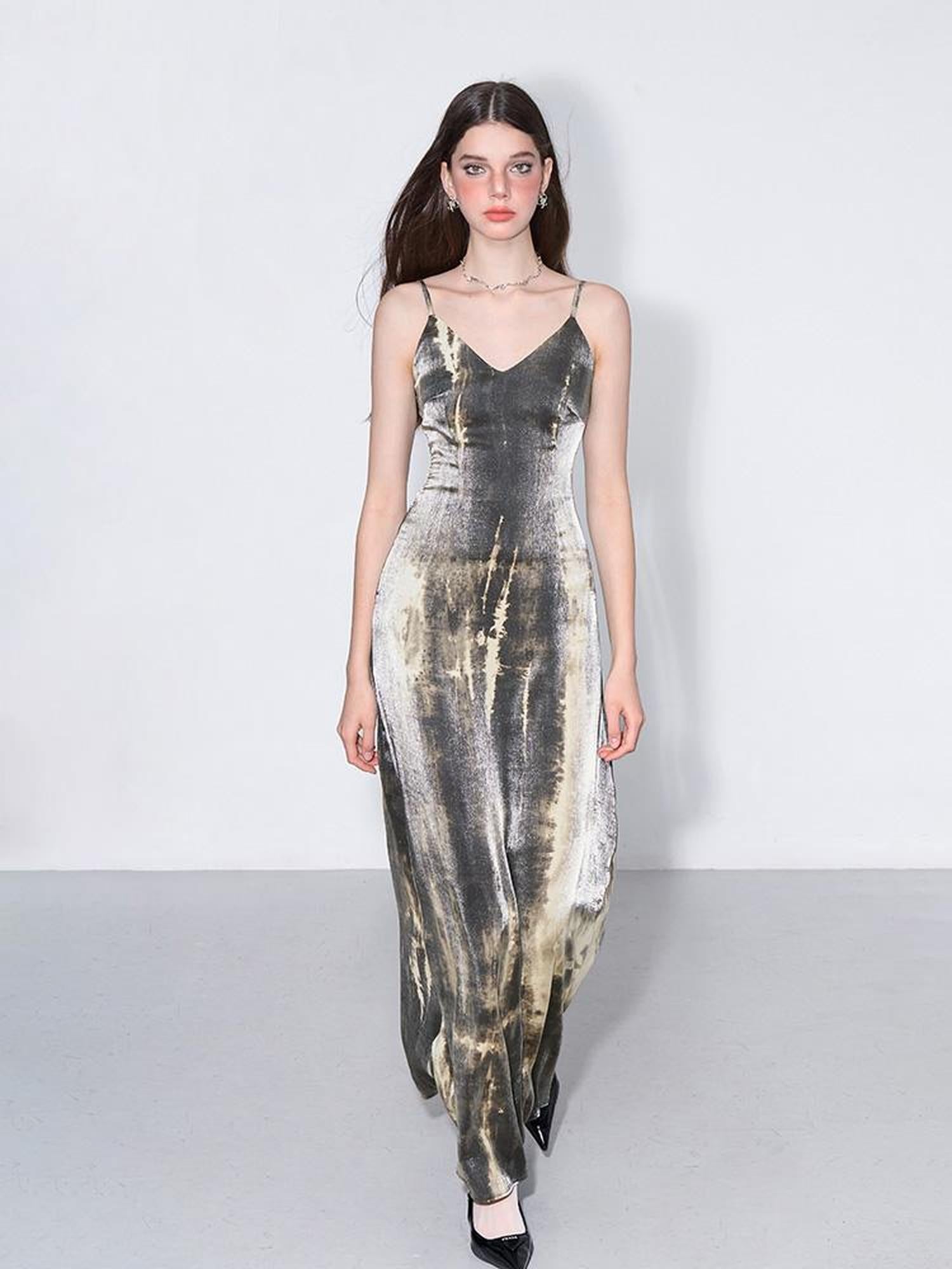 AFTADAWN Cracked Renaissance Vintage Ombre V-Neck Slip Dress