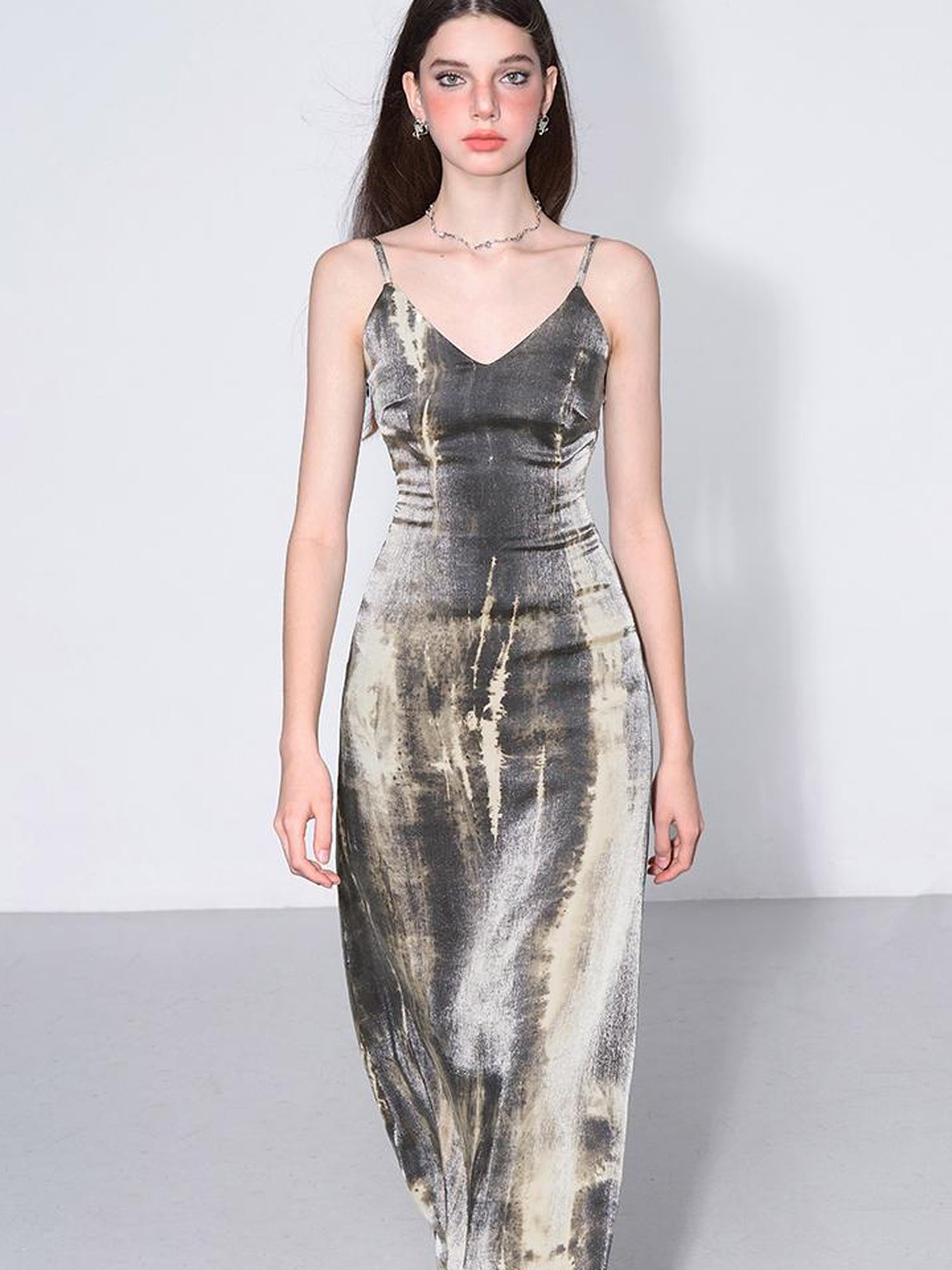 AFTADAWN Cracked Renaissance Vintage Ombre V-Neck Slip Dress