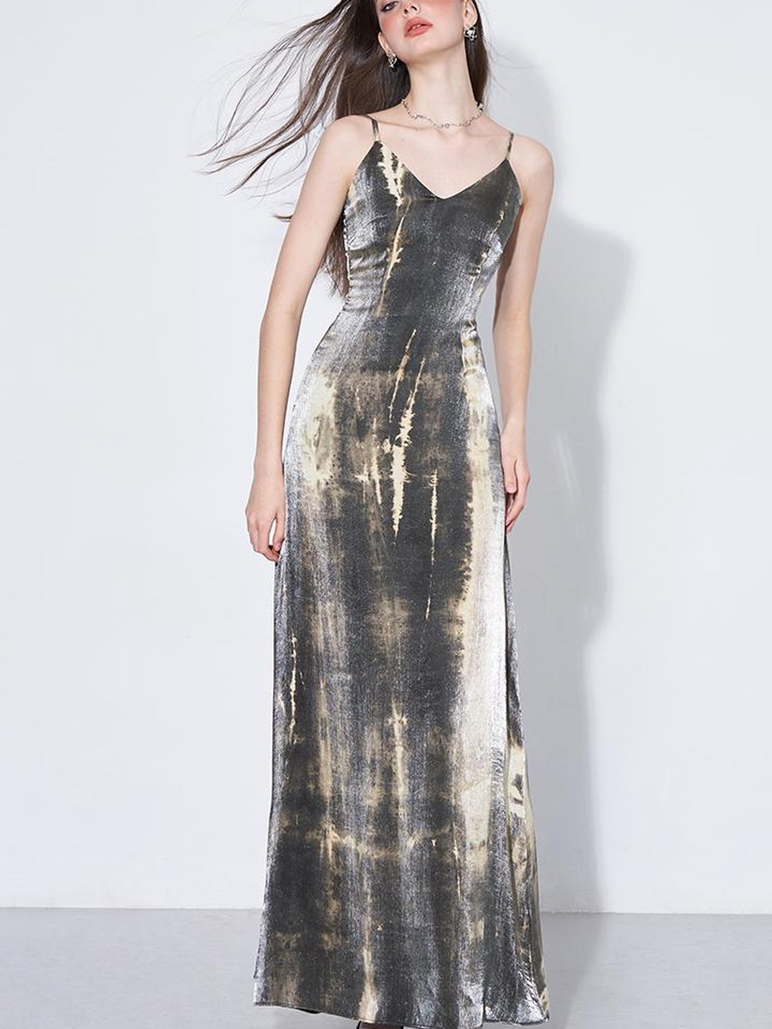 AFTADAWN Cracked Renaissance Vintage Ombre V-Neck Slip Dress