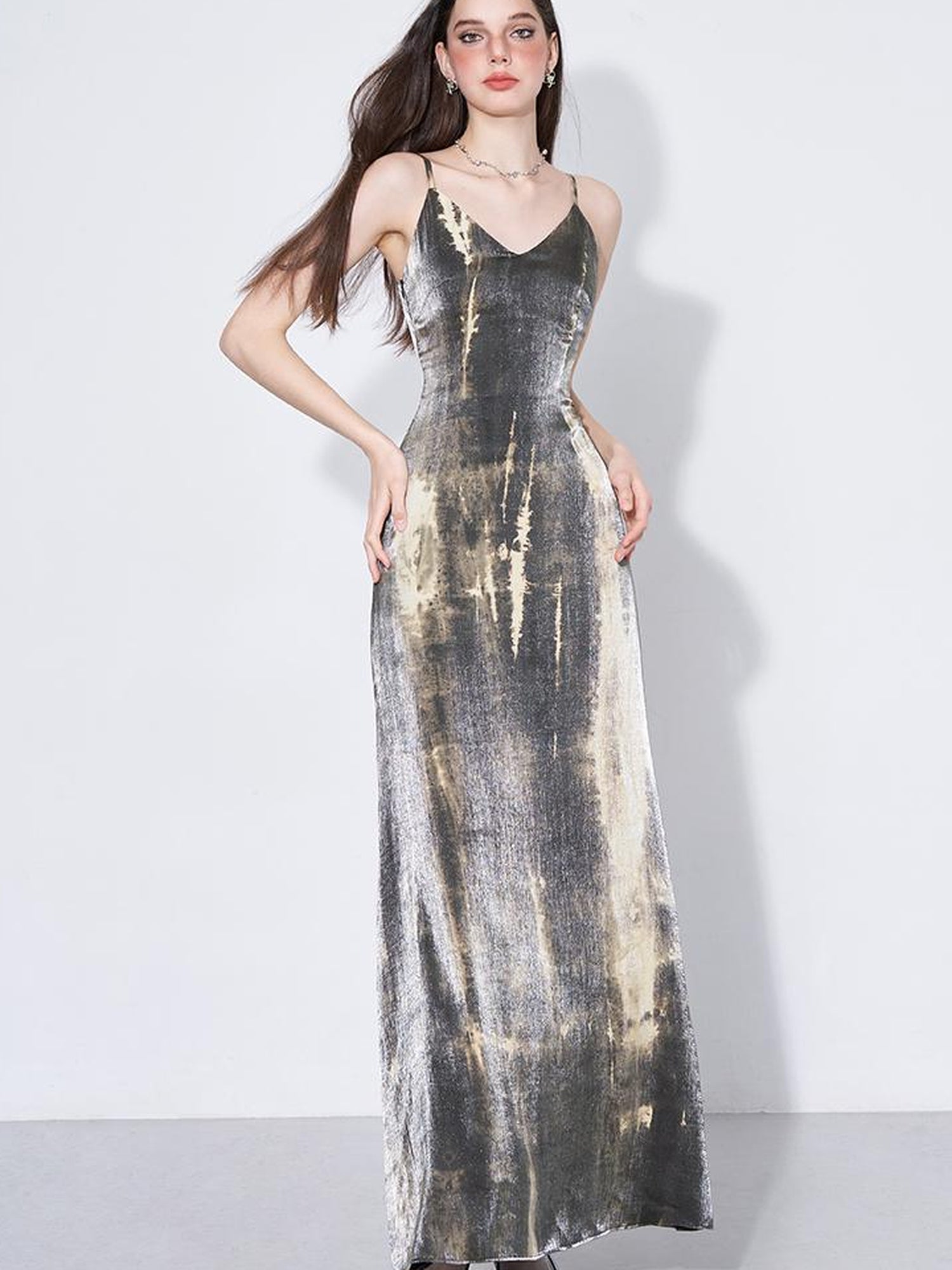 AFTADAWN Cracked Renaissance Vintage Ombre V-Neck Slip Dress