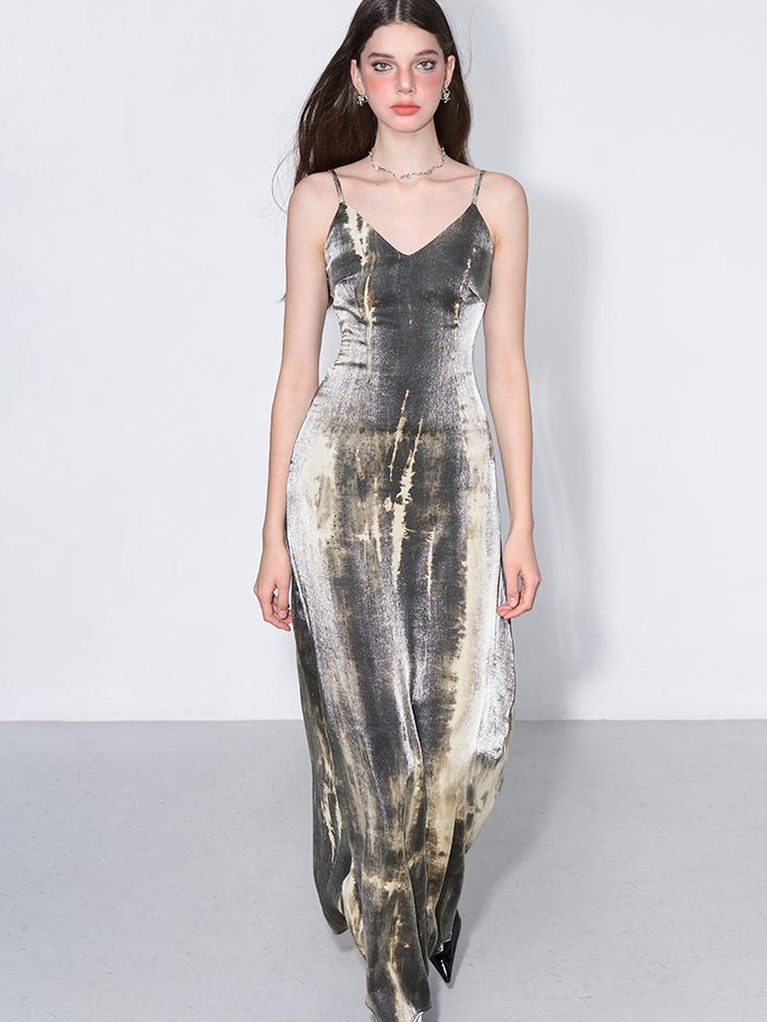 AFTADAWN Cracked Renaissance Vintage Ombre V-Neck Slip Dress