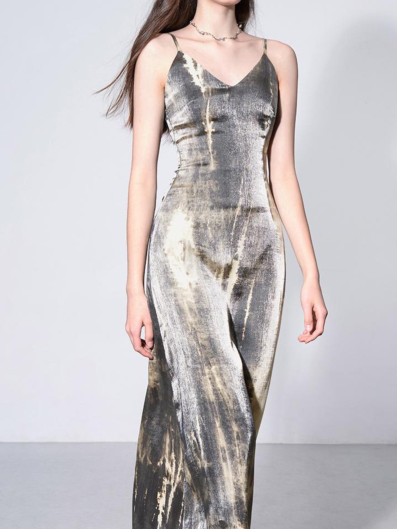 AFTADAWN Cracked Renaissance Vintage Ombre V-Neck Slip Dress