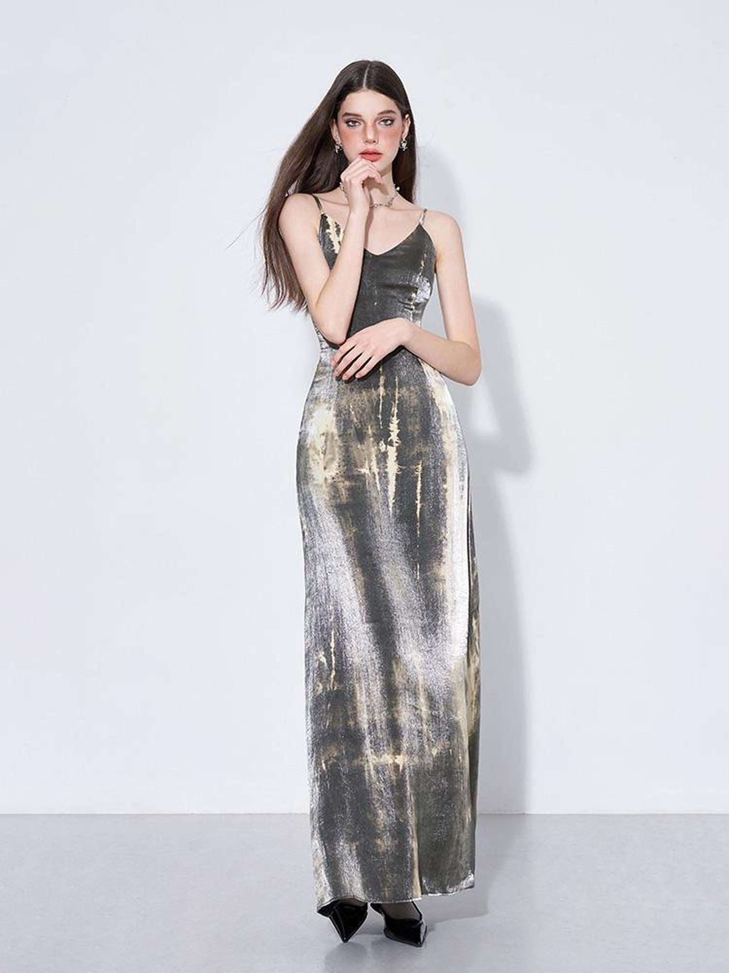 AFTADAWN Cracked Renaissance Vintage Ombre V-Neck Slip Dress