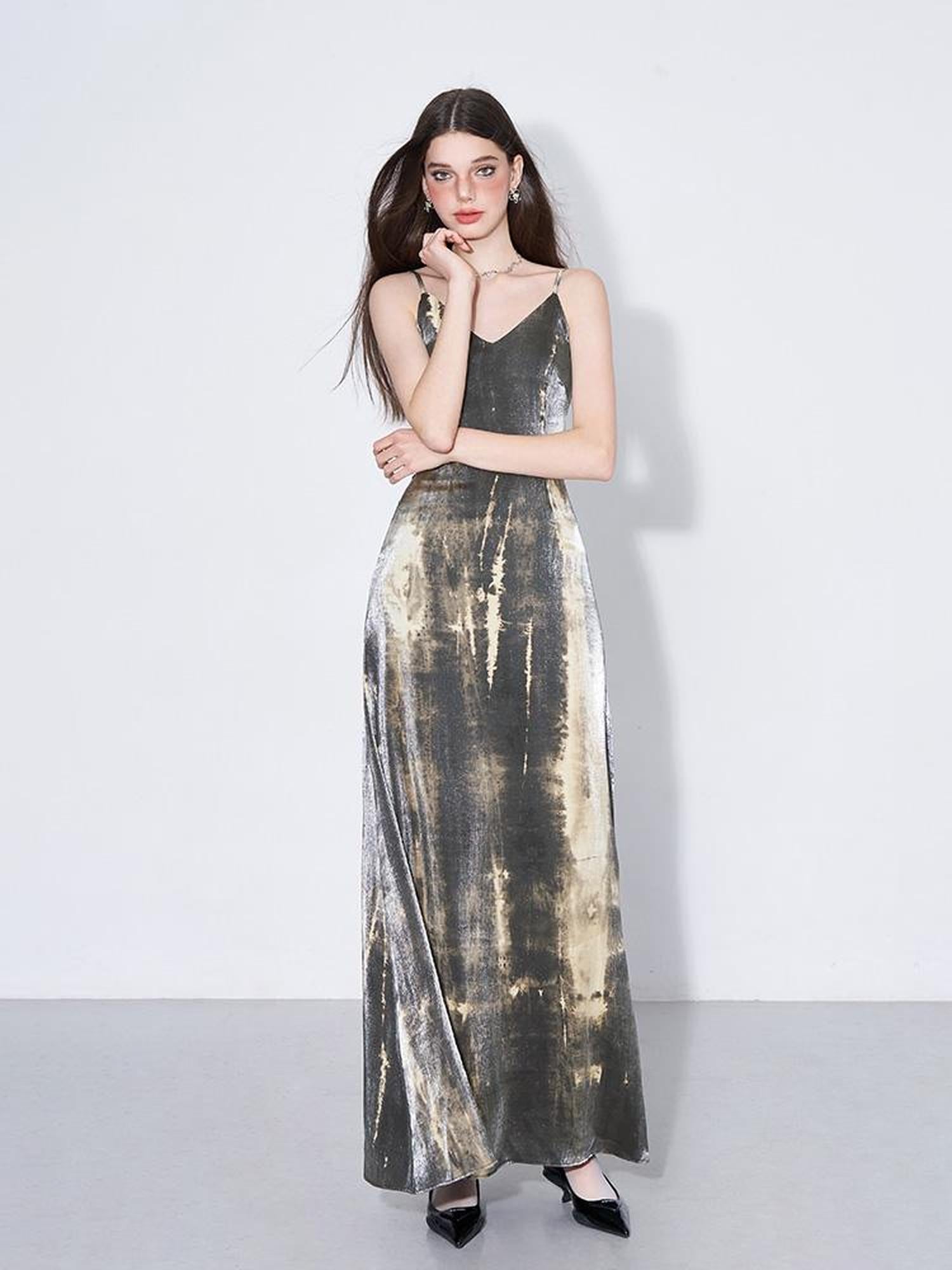 AFTADAWN Cracked Renaissance Vintage Ombre V-Neck Slip Dress