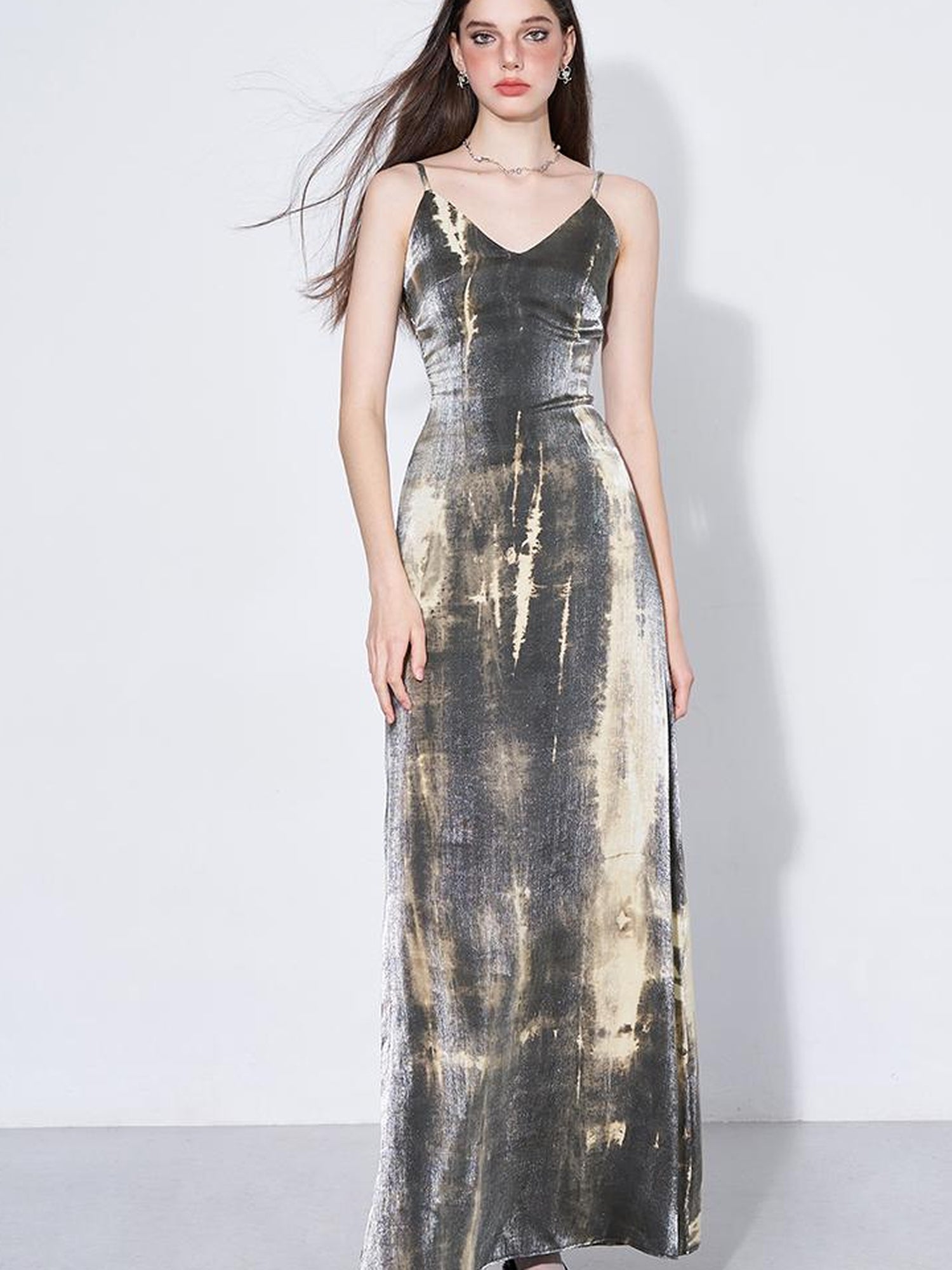 AFTADAWN Cracked Renaissance Vintage Ombre V-Neck Slip Dress