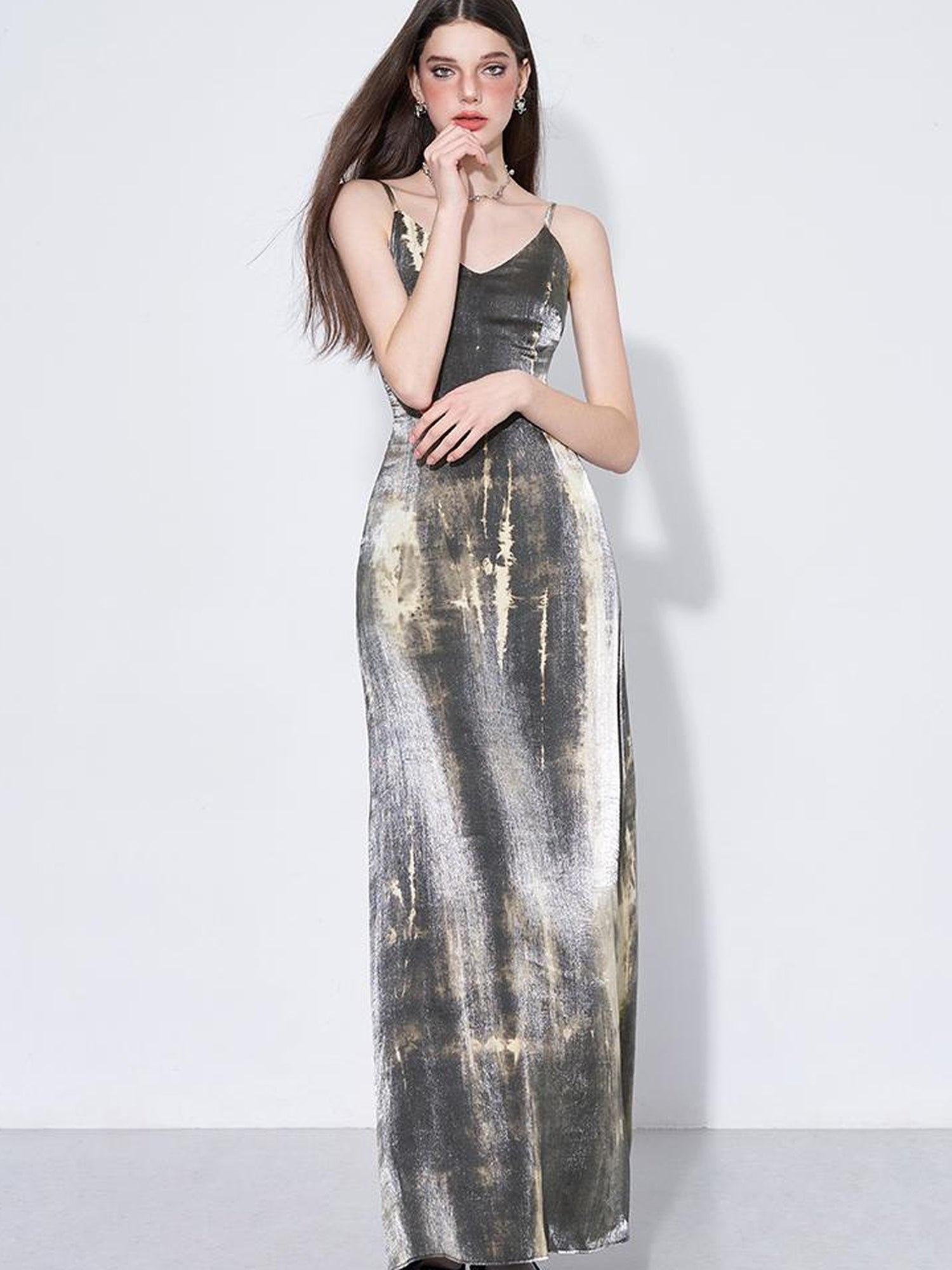 AFTADAWN Cracked Renaissance Vintage Ombre V-Neck Slip Dress