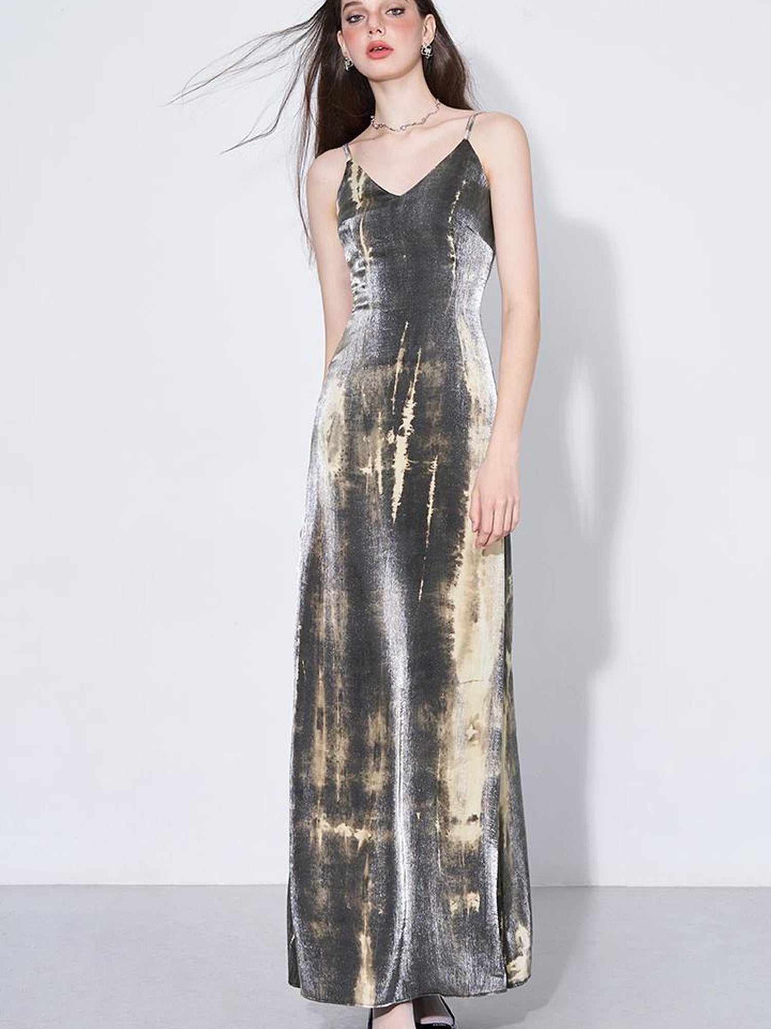 AFTADAWN Cracked Renaissance Vintage Ombre V-Neck Slip Dress