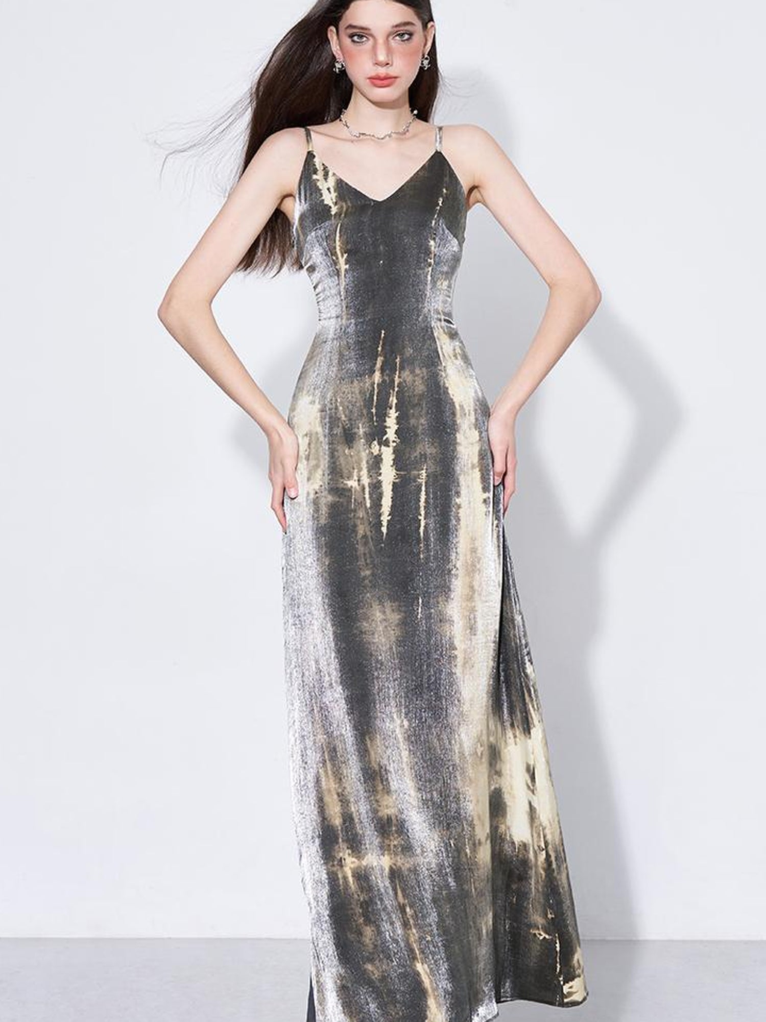 AFTADAWN Cracked Renaissance Vintage Ombre V-Neck Slip Dress