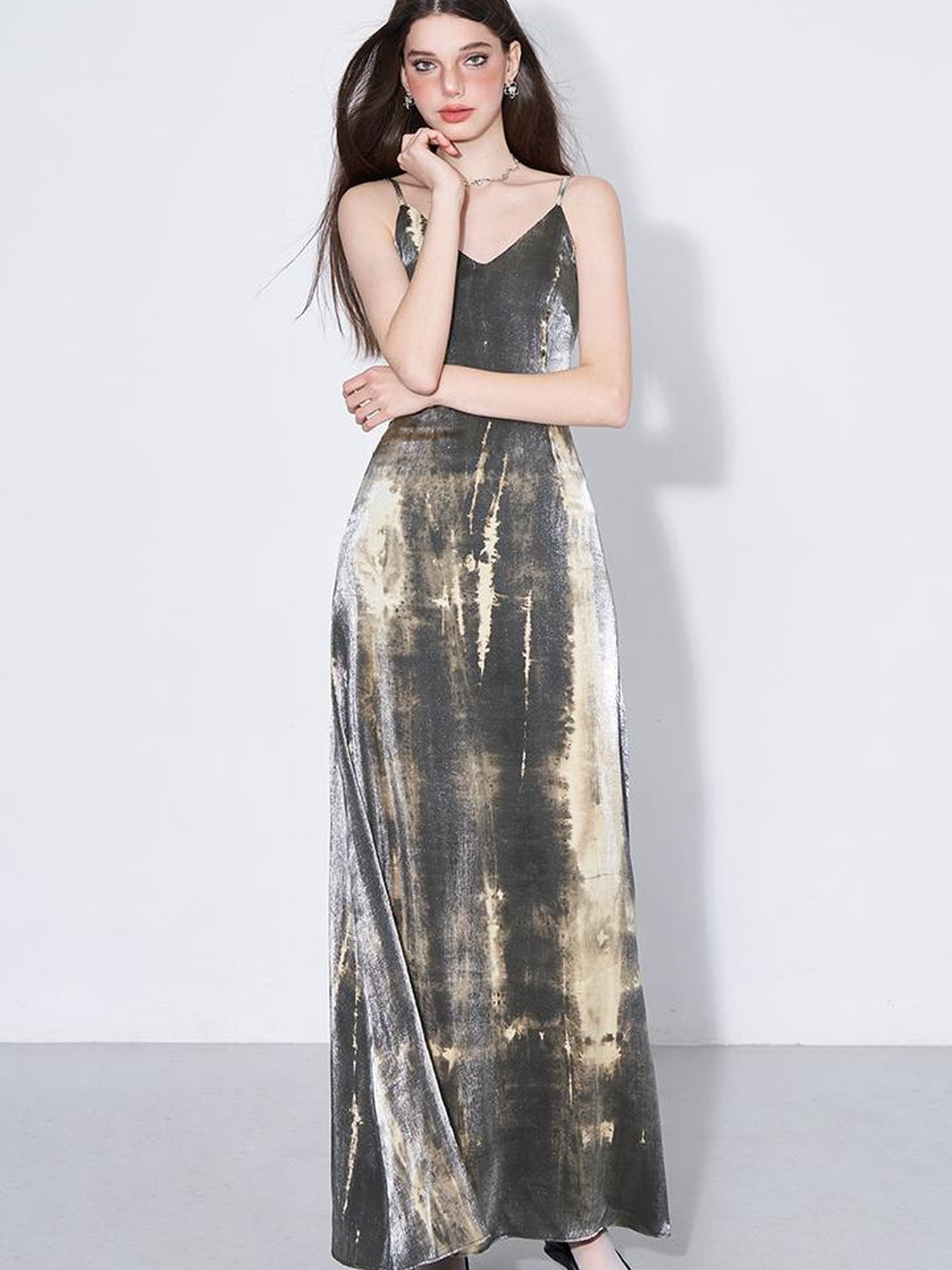 AFTADAWN Cracked Renaissance Vintage Ombre V-Neck Slip Dress