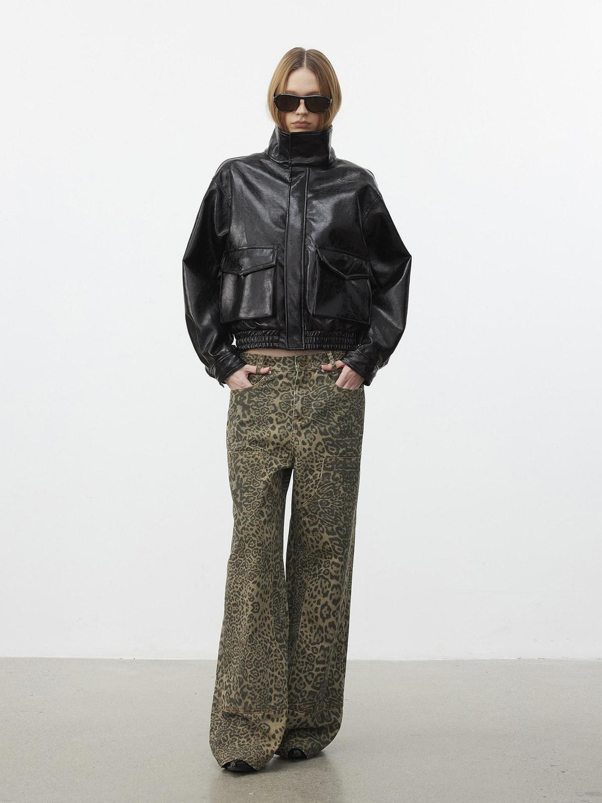 AFTADAWN Cracked Texture Moto Quilted Zip Up Women&