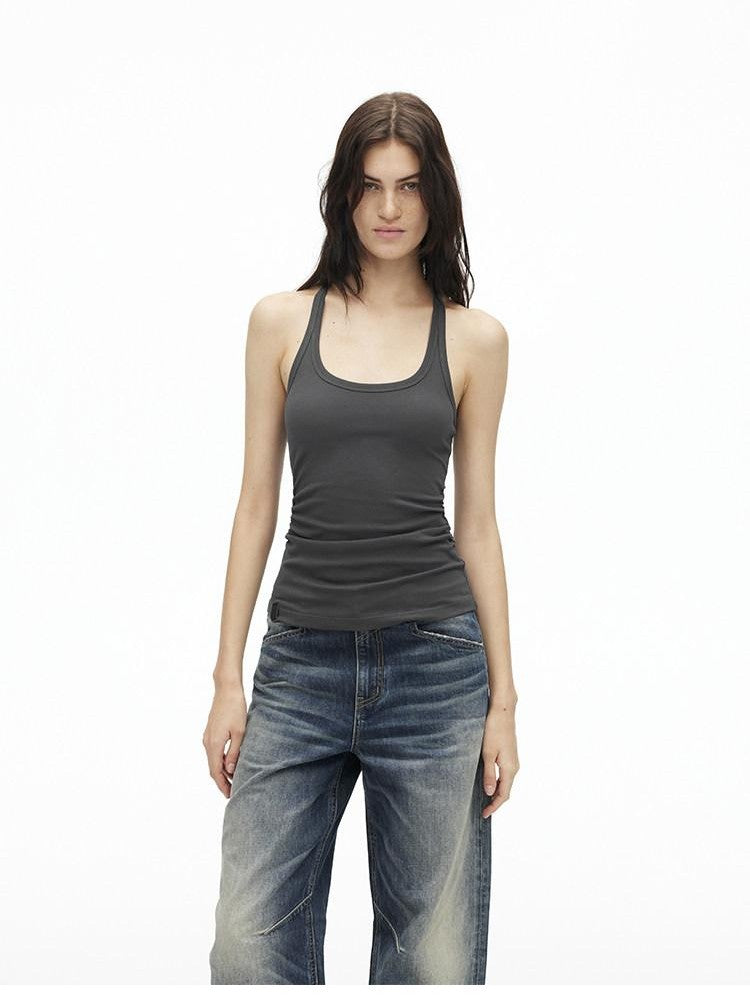 AFTADAWN Cropped Backless Beaded Ruched U Neck Slim Women&