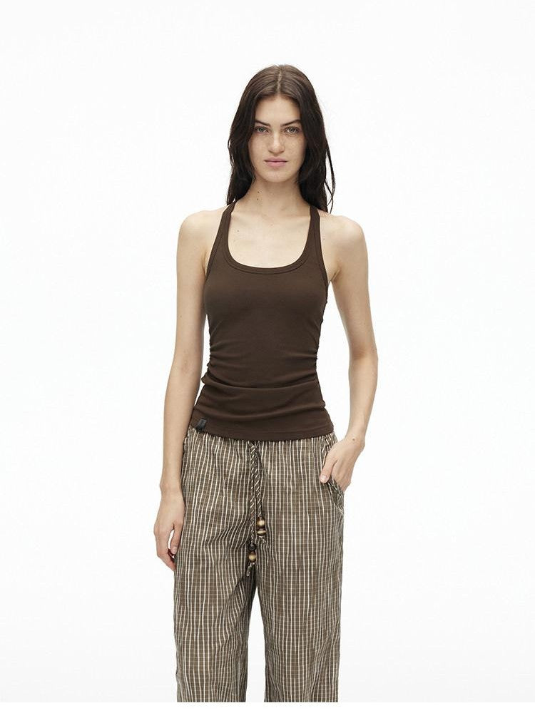 AFTADAWN Cropped Backless Beaded Ruched U Neck Slim Women&