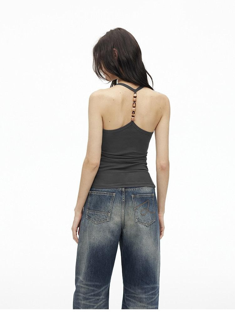 AFTADAWN Cropped Backless Beaded Ruched U Neck Slim Women&