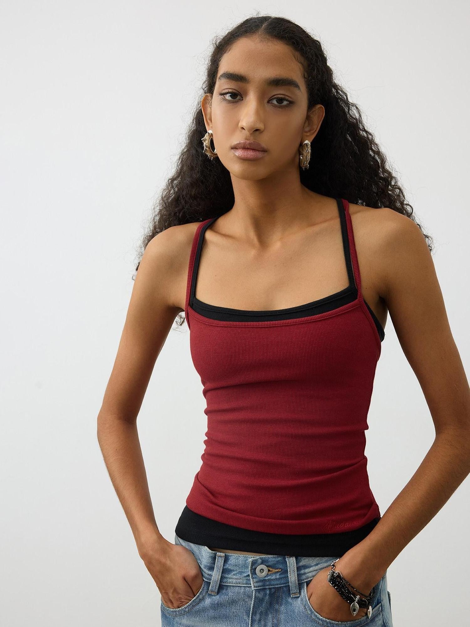 AFTADAWN Cropped Cross Back Beaded Ribbed Slim Women&