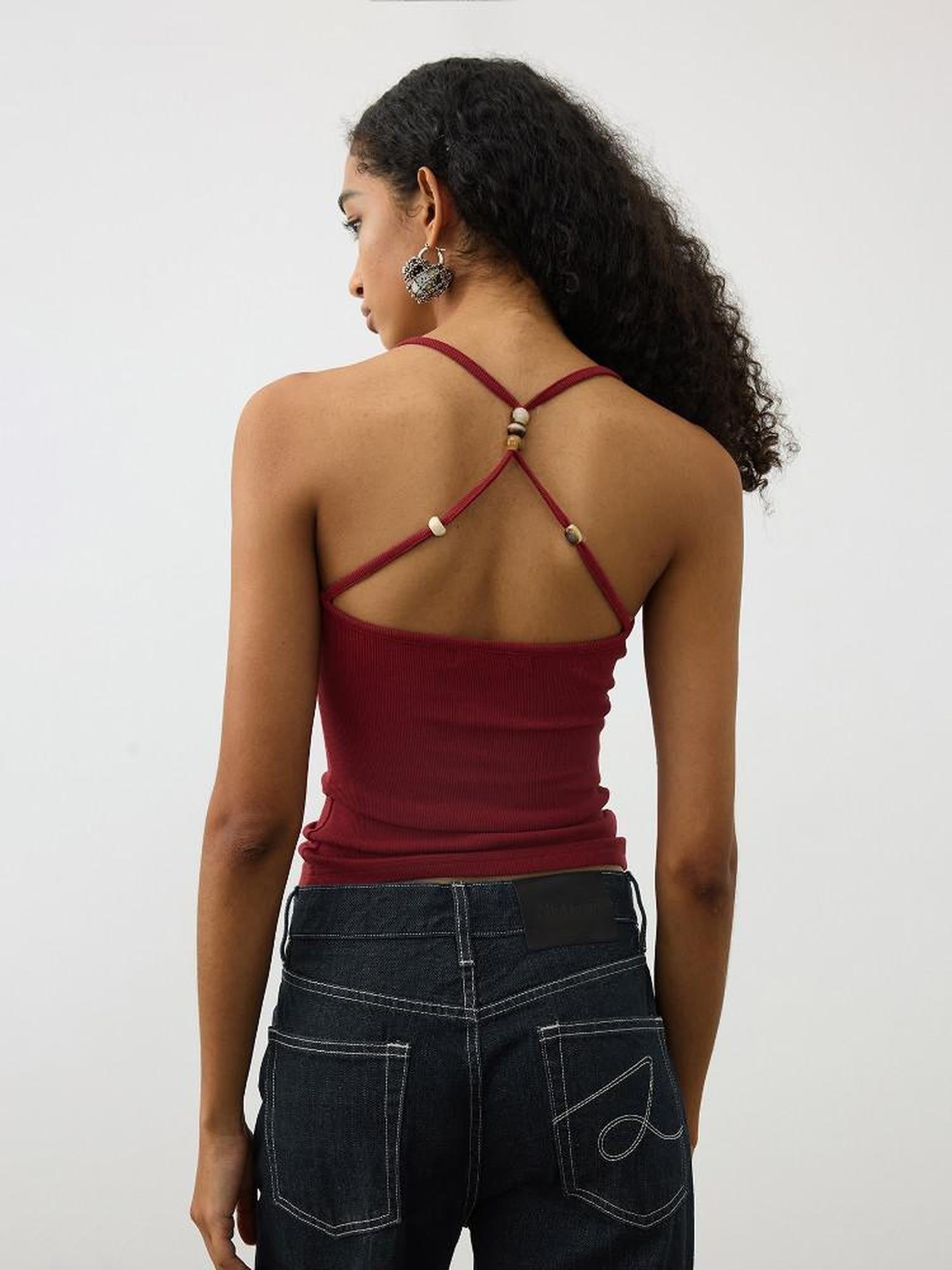 AFTADAWN Cropped Cross Back Beaded Ribbed Slim Women&