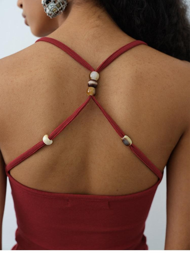 AFTADAWN Cropped Cross Back Beaded Ribbed Slim Women&