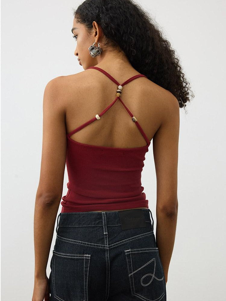AFTADAWN Cropped Cross Back Beaded Ribbed Slim Women&