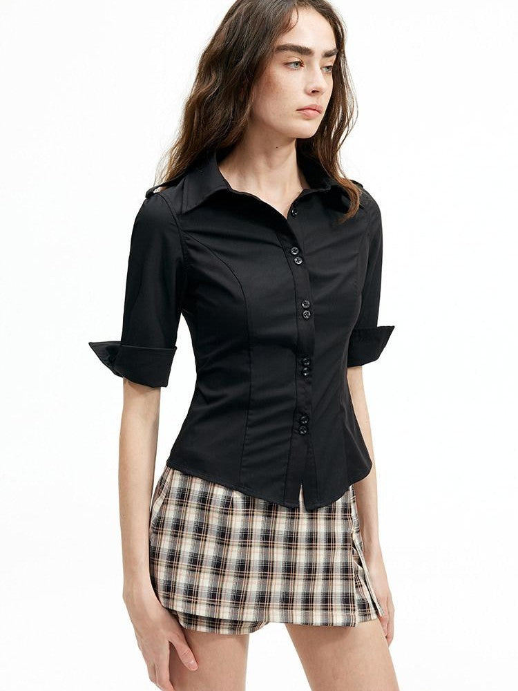 AFTADAWN Cropped Embroidered Polo Collar Mid Sleeve Waist Cinched Women&