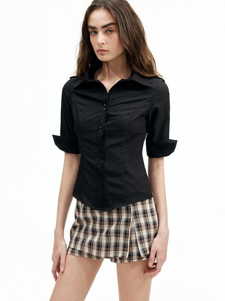 AFTADAWN Cropped Embroidered Polo Collar Mid Sleeve Waist Cinched Women&