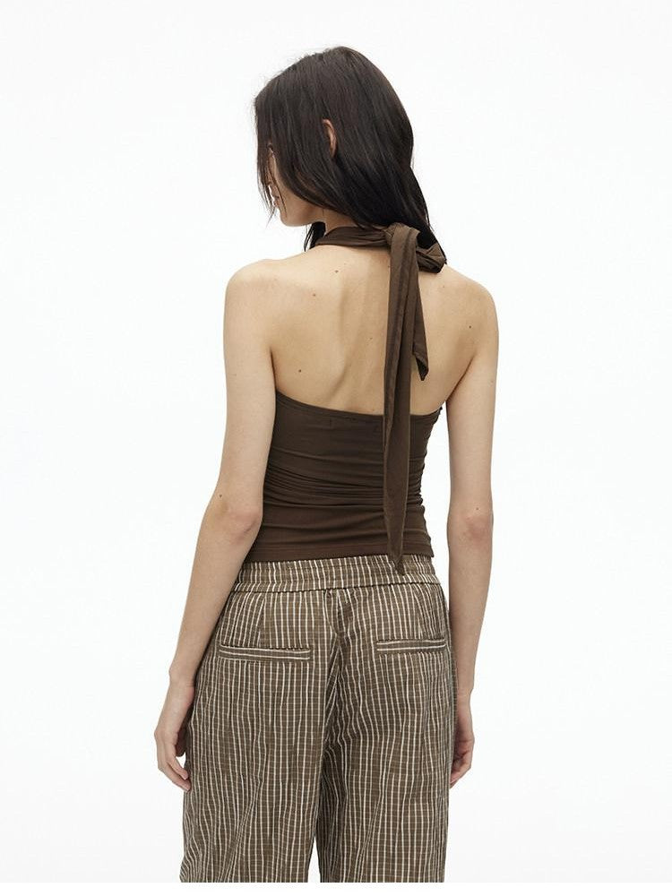 AFTADAWN Cropped Padded Convertible Halter Tie Waist Slim Women&