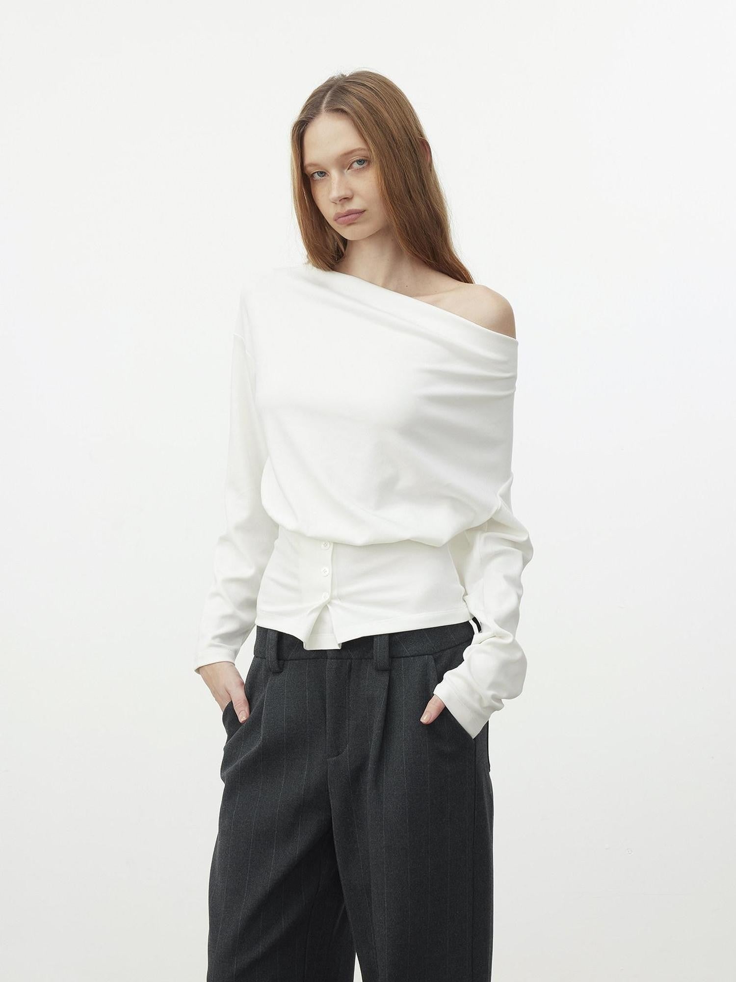 AFTADAWN Cropped Pleated Three Button Draped Neck Women&