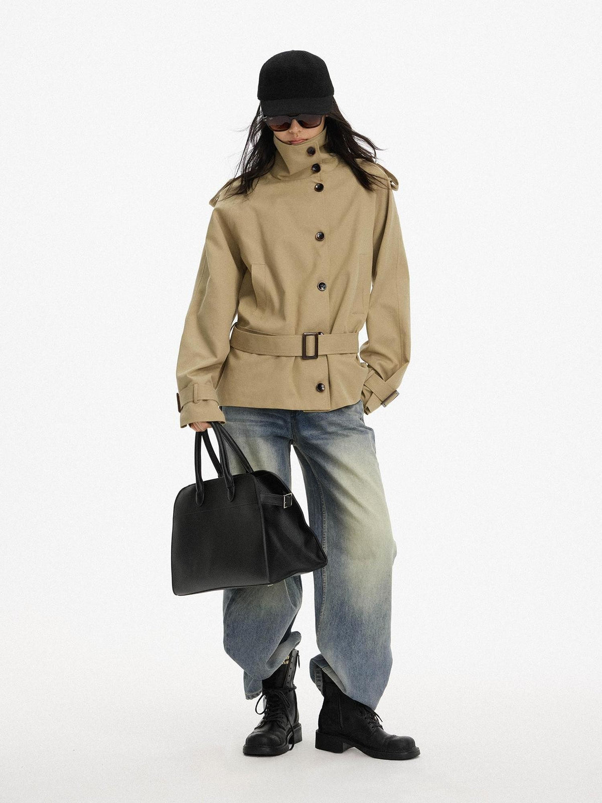 AFTADAWN Cropped Single Breasted Structured Lapel Khaki Women&