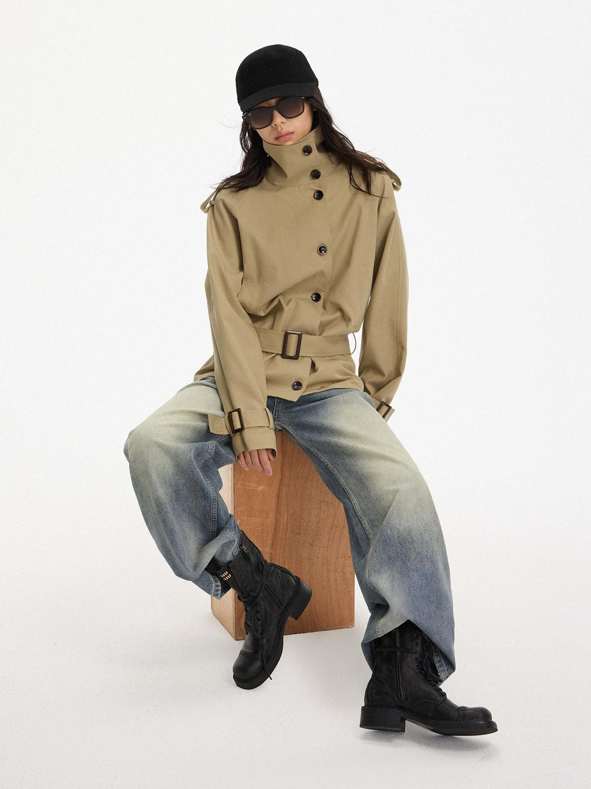 AFTADAWN Cropped Single Breasted Structured Lapel Khaki Women&