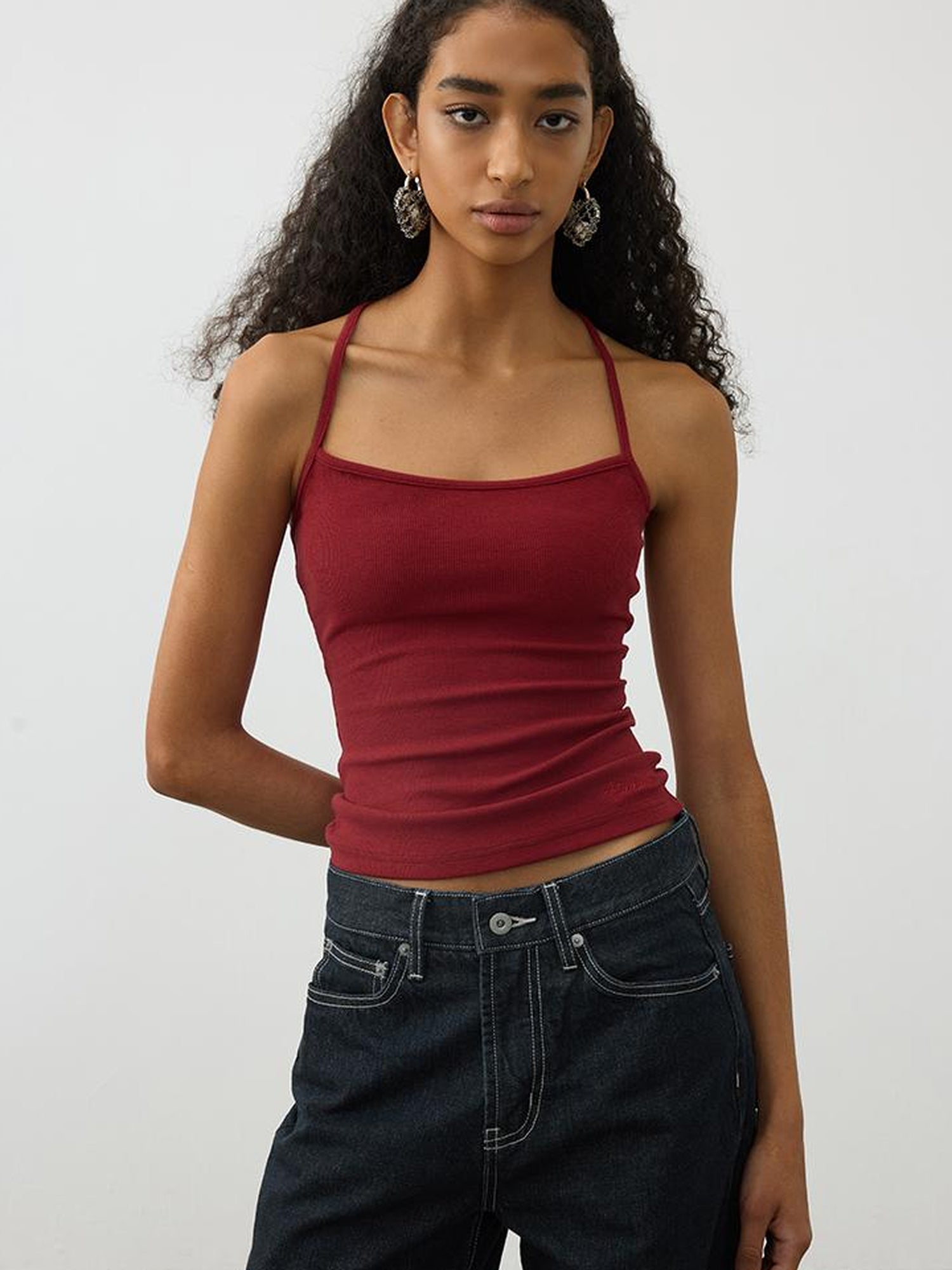 AFTADAWN Cross Back Beaded Ribbed Tank Top