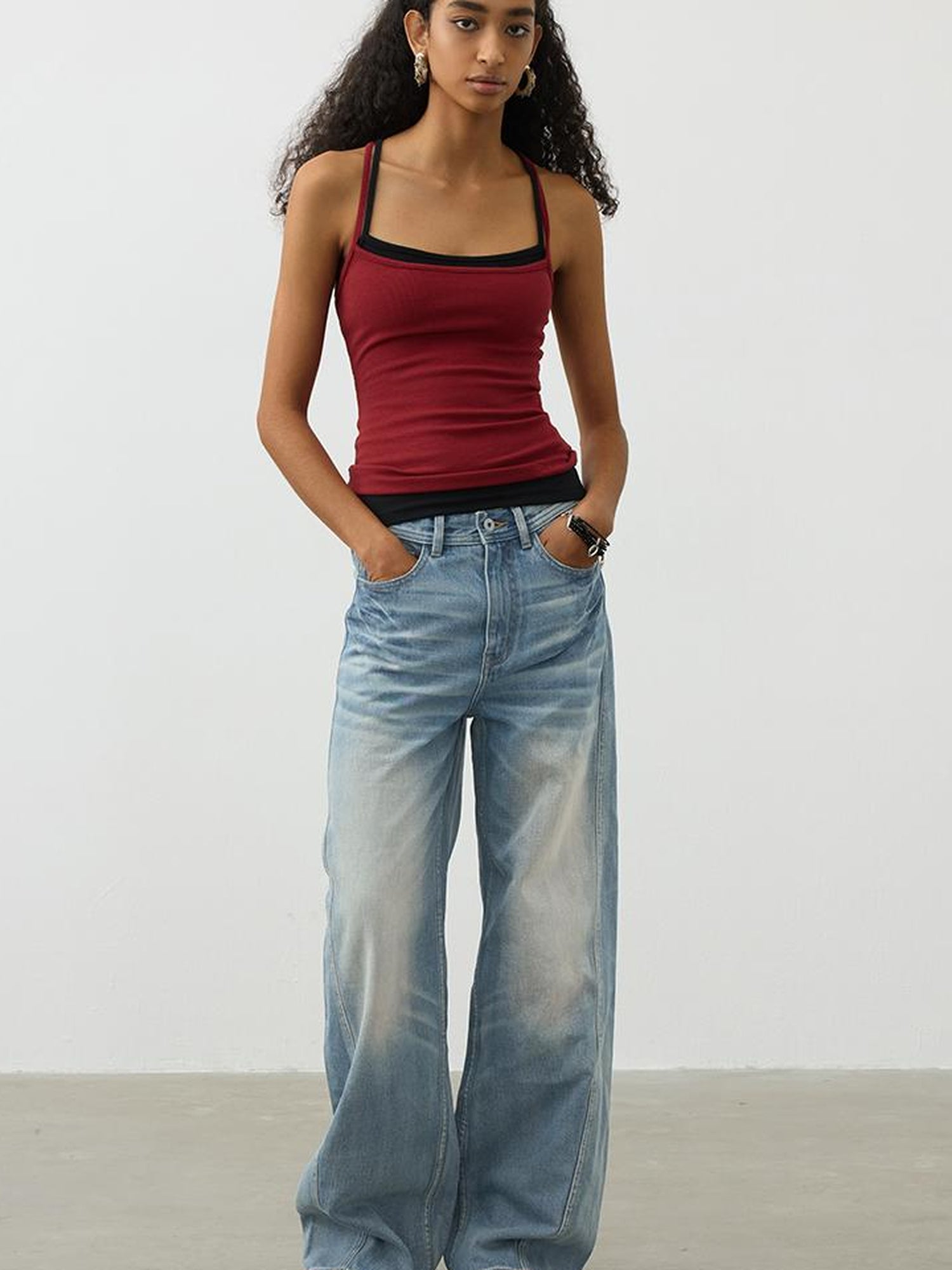 AFTADAWN Cross Back Beaded Ribbed Tank Top