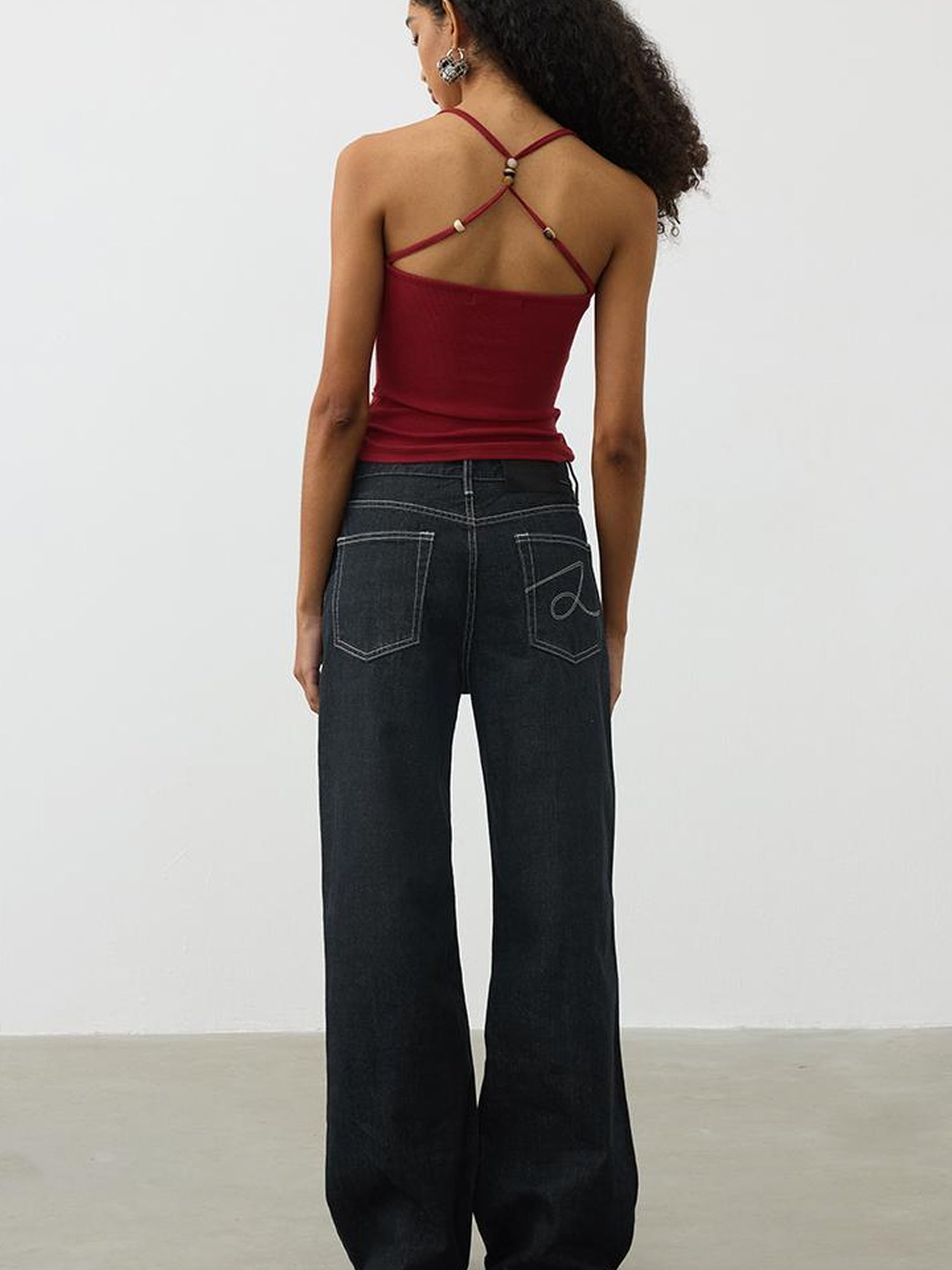 AFTADAWN Cross Back Beaded Ribbed Tank Top