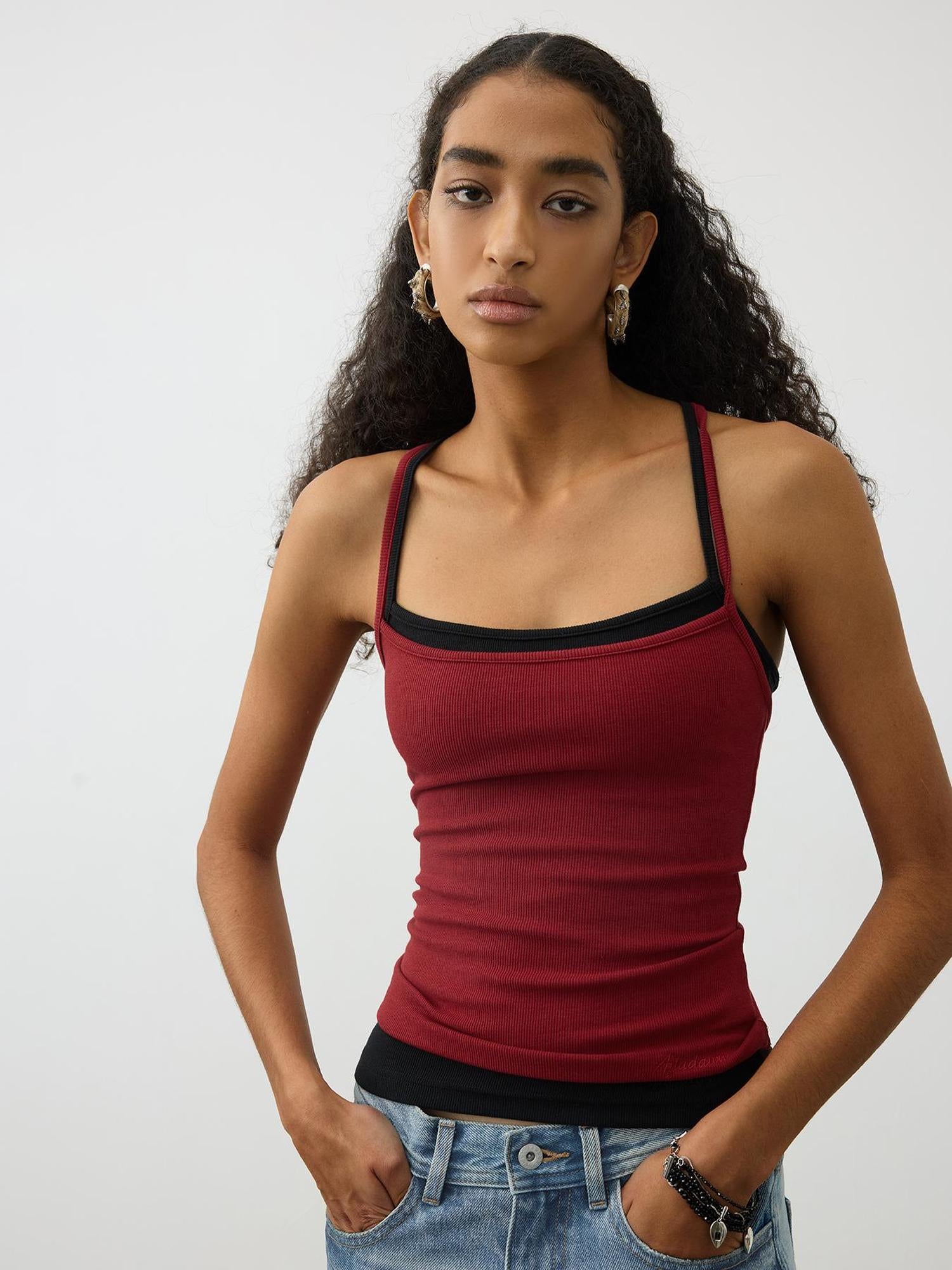 AFTADAWN Cross Back Beaded Ribbed Tank Top