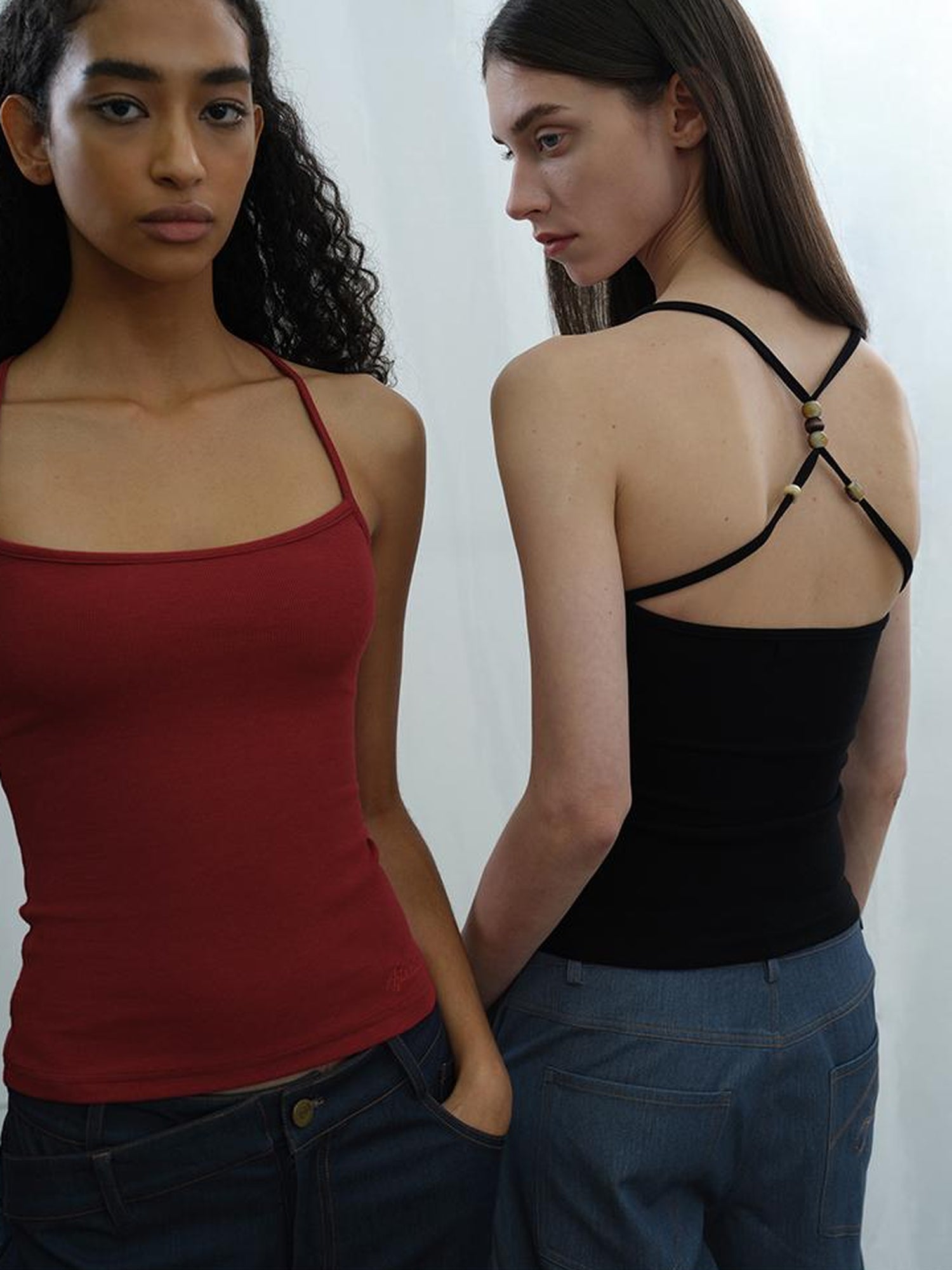 AFTADAWN Cross Back Beaded Ribbed Tank Top