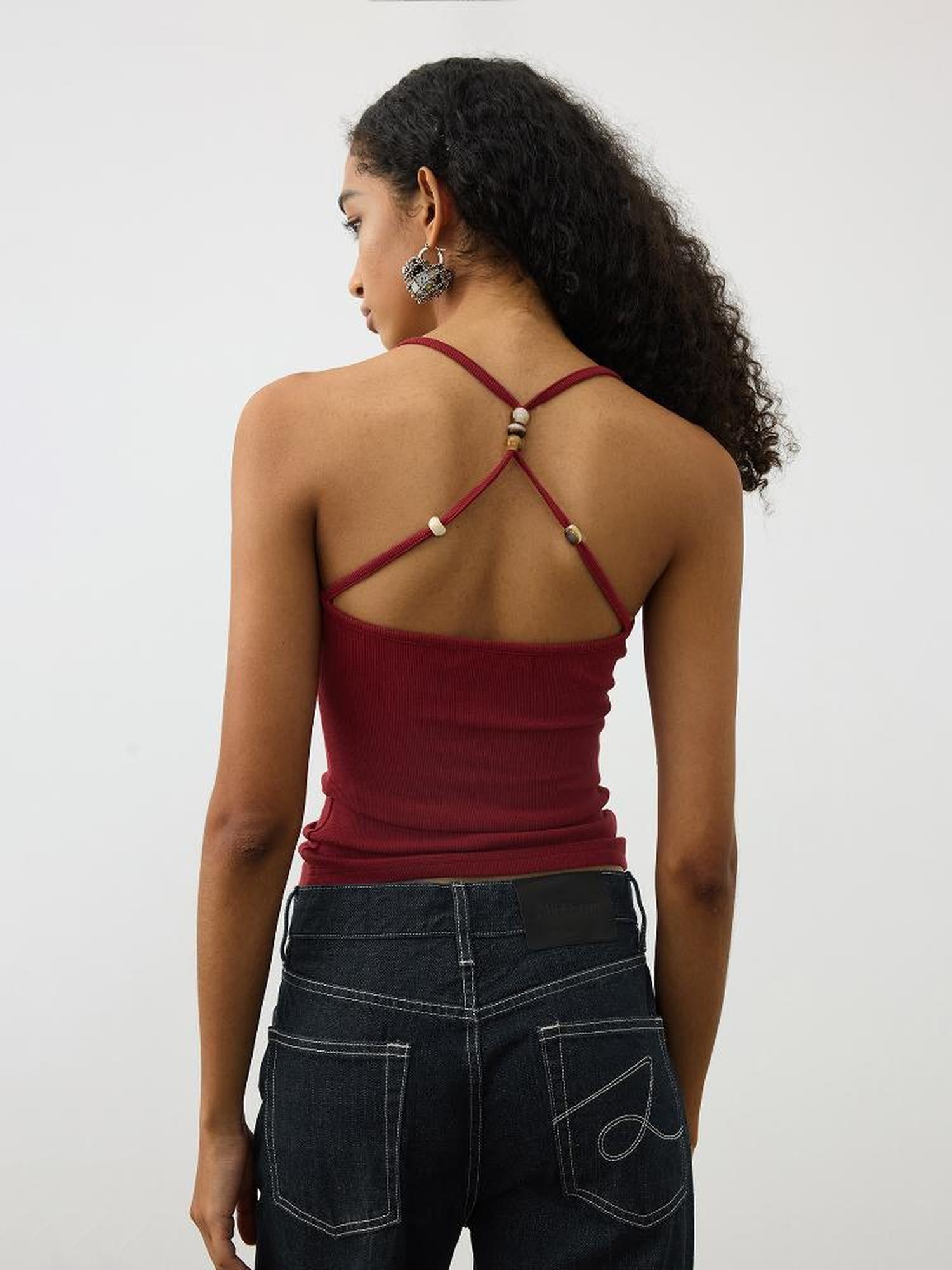 AFTADAWN Cross Back Beaded Ribbed Tank Top