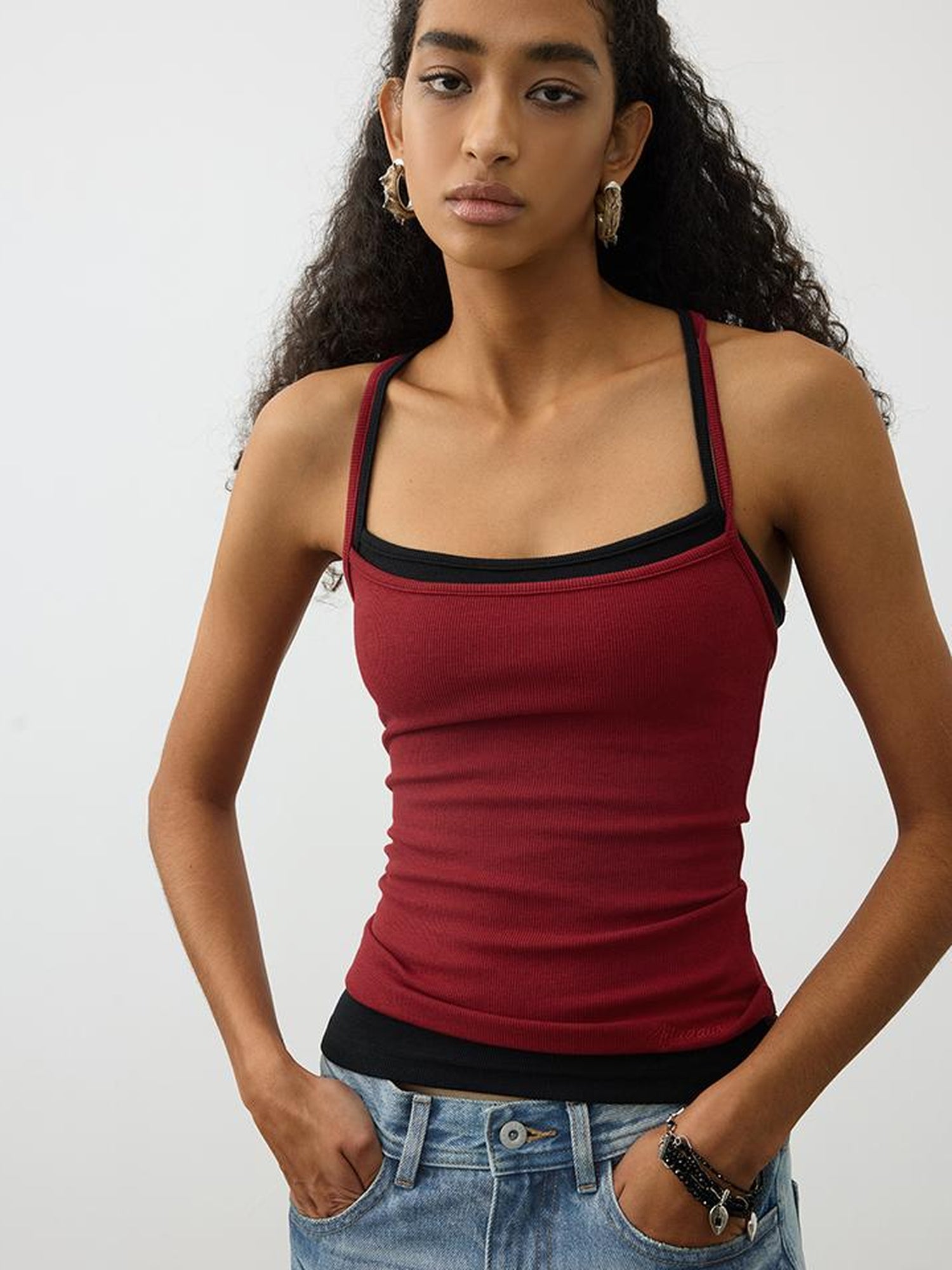 AFTADAWN Cross Back Beaded Ribbed Tank Top