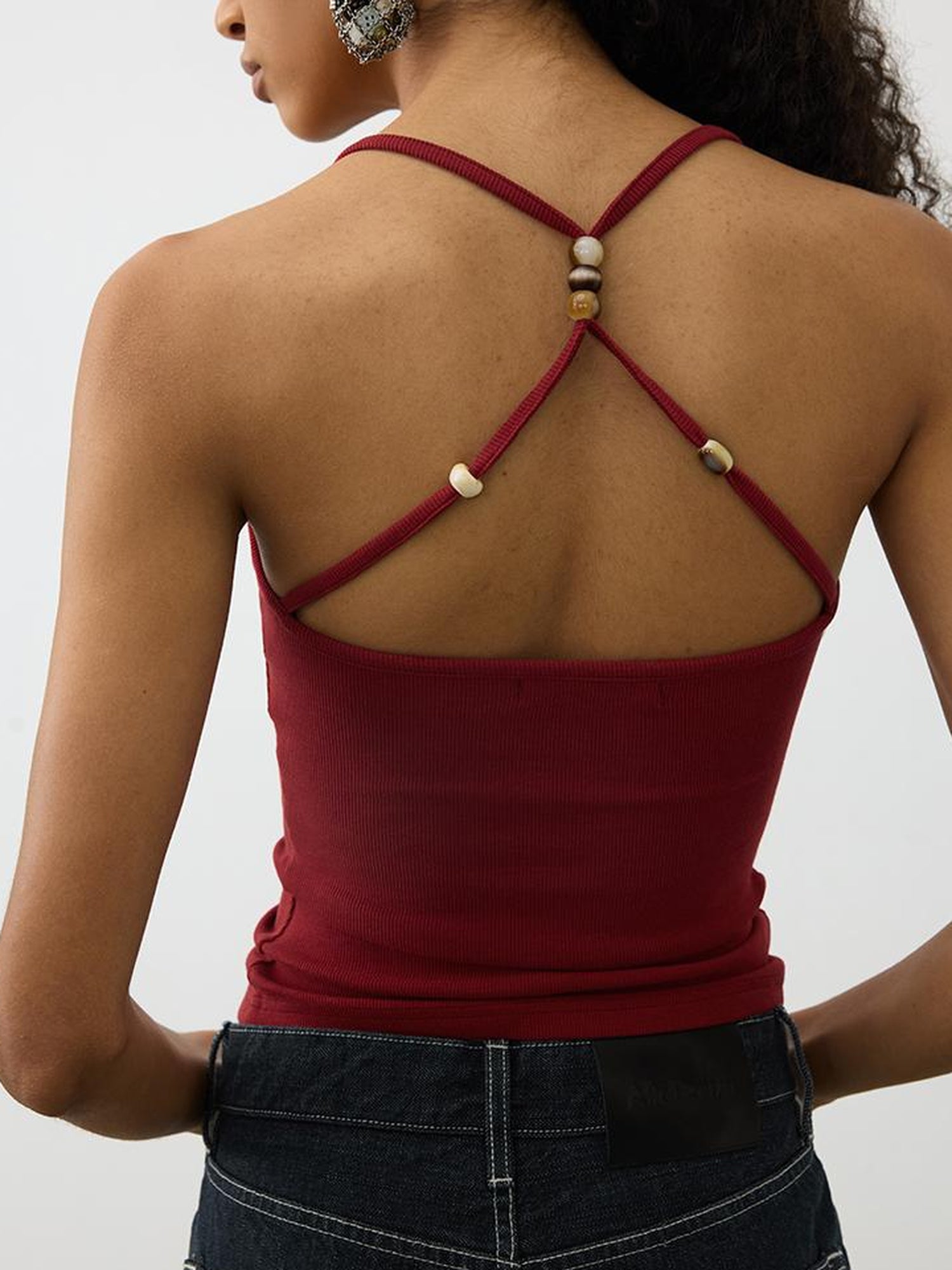 AFTADAWN Cross Back Beaded Ribbed Tank Top