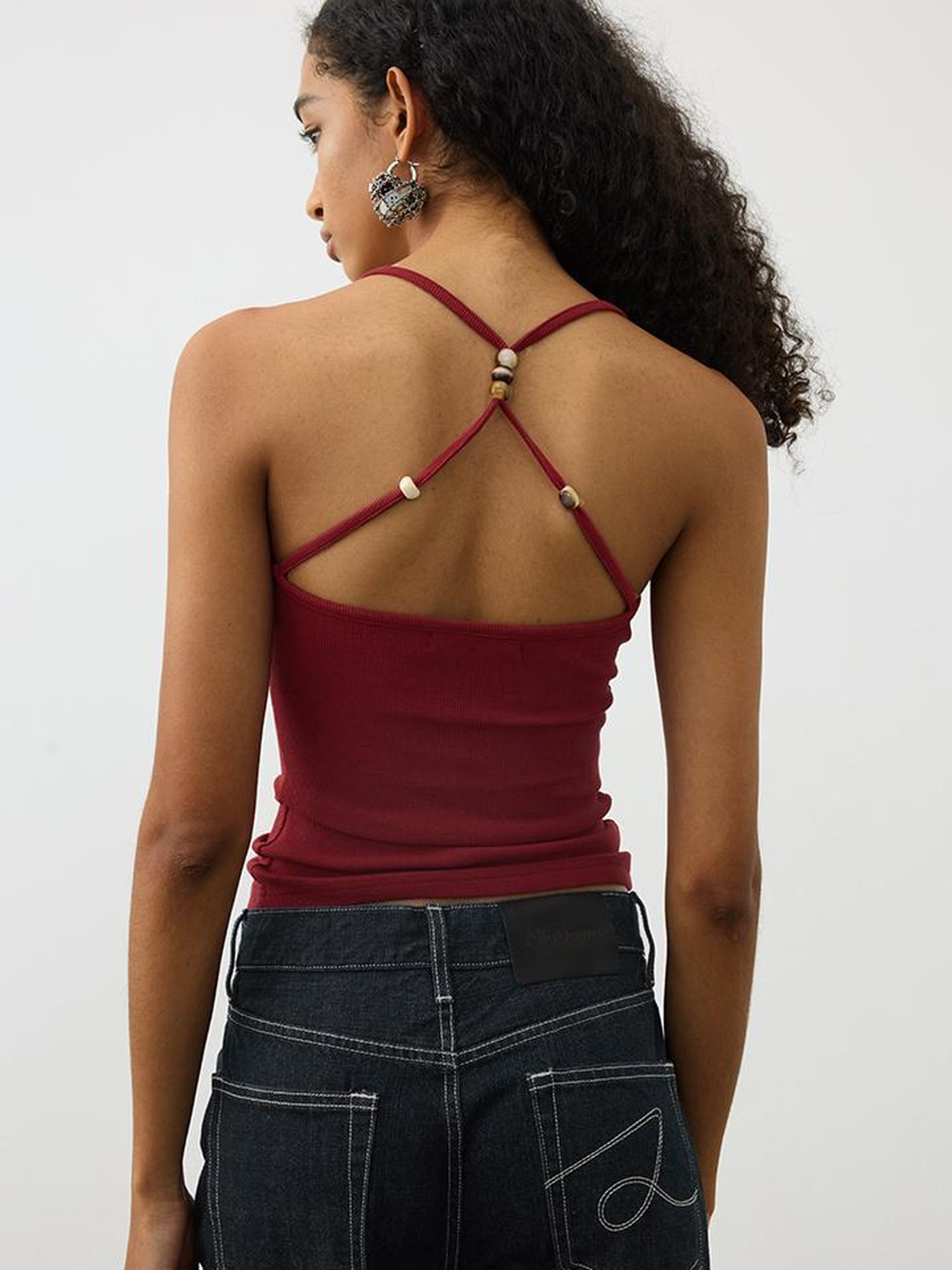 AFTADAWN Cross Back Beaded Ribbed Tank Top
