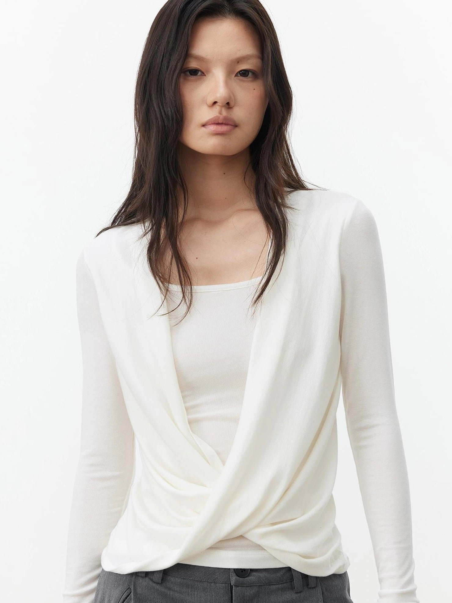 AFTADAWN Cross Over Draped Neck Layered Top T-shirt