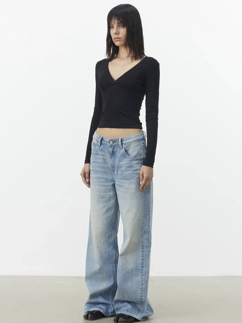 AFTADAWN Cross V-neck Lace Trimmed Stretch Top T-shirt