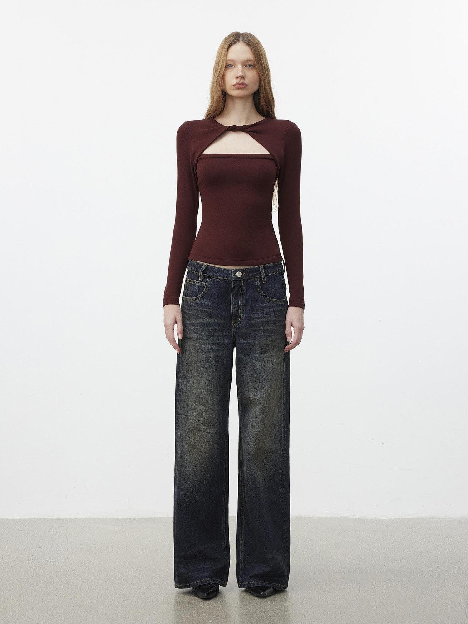 AFTADAWN Dark Blue Distressed Washed Women&
