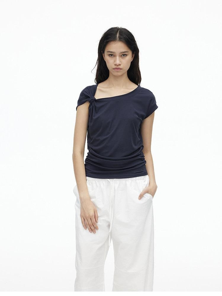 AFTADAWN Dark Blue Knotted Slanted Shoulder Slim Fit Women&