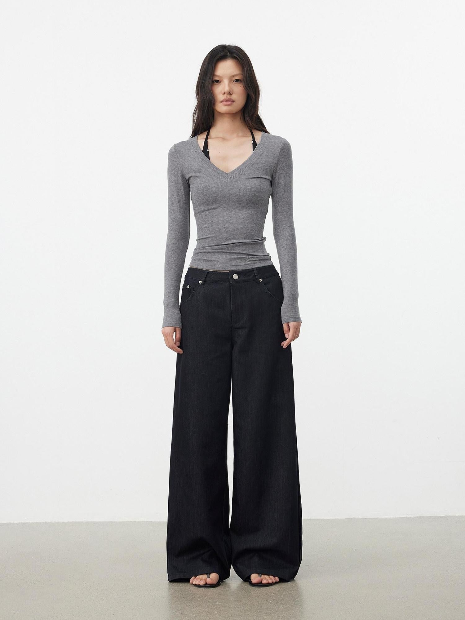 AFTADAWN Dark Blue Side Pleats Back Embroidery Women&