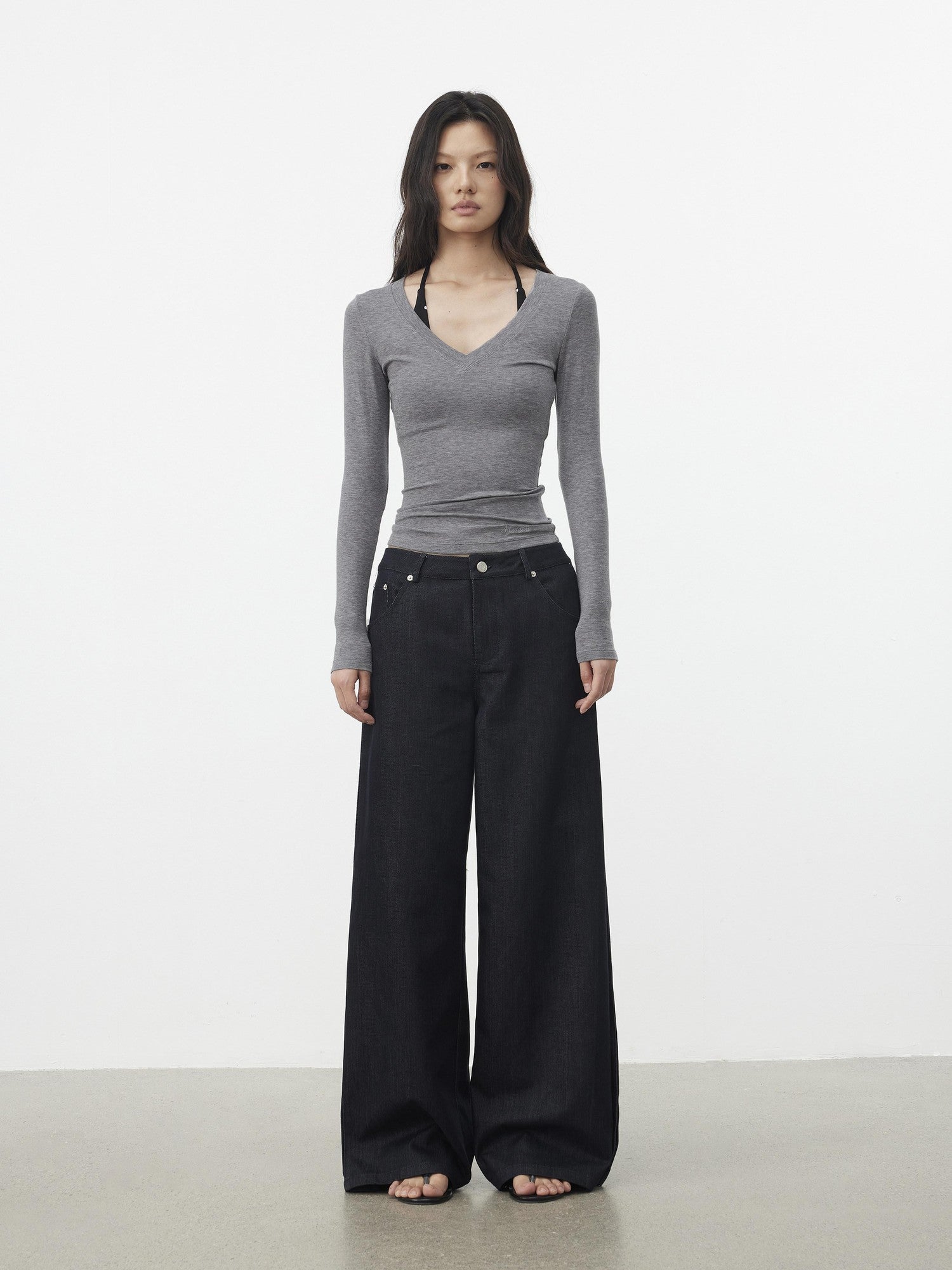 AFTADAWN Dark Blue Side Pleats Back Embroidery Women&