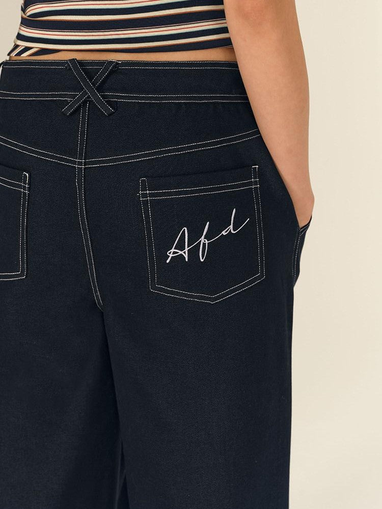AFTADAWN Dark Blue Split Waist Patch Pocket Low Rise Women&
