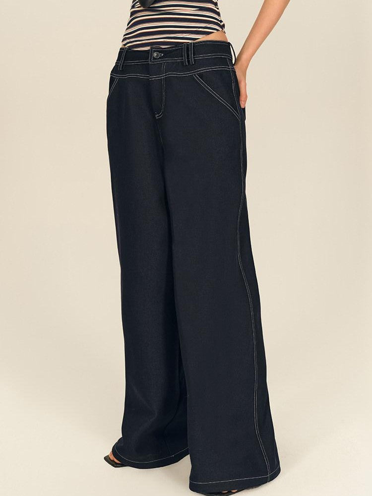 AFTADAWN Dark Blue Split Waist Patch Pocket Low Rise Women&